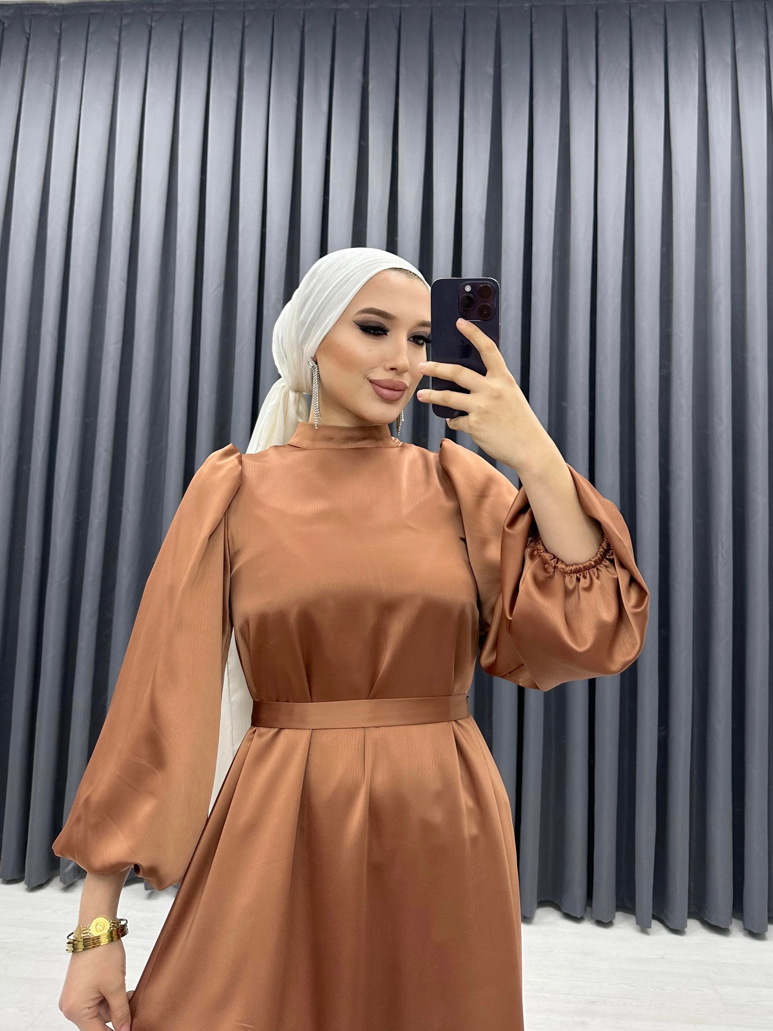 BALON KOL SATEN ELBİSE TABA