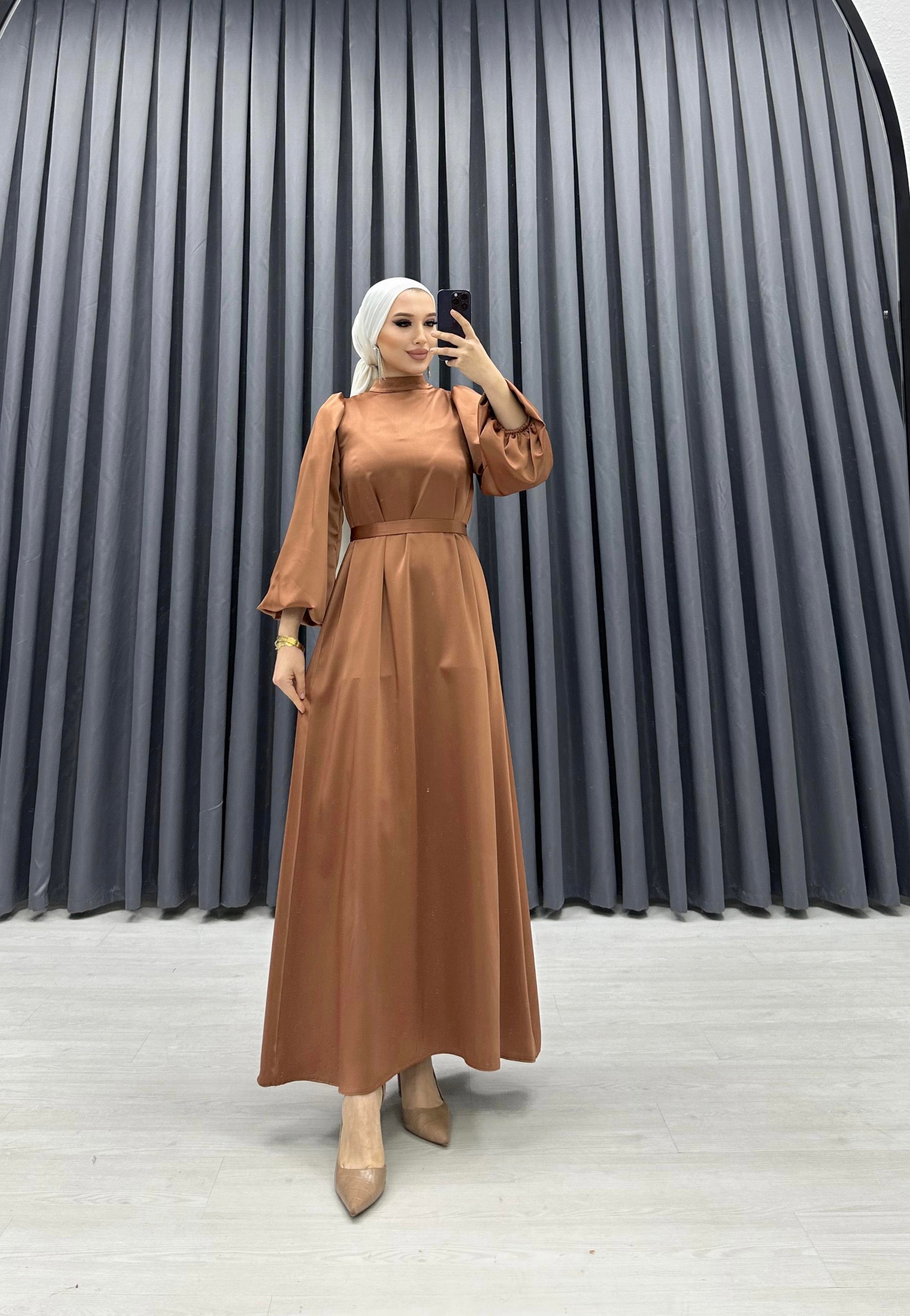 BALON KOL SATEN ELBİSE TABA