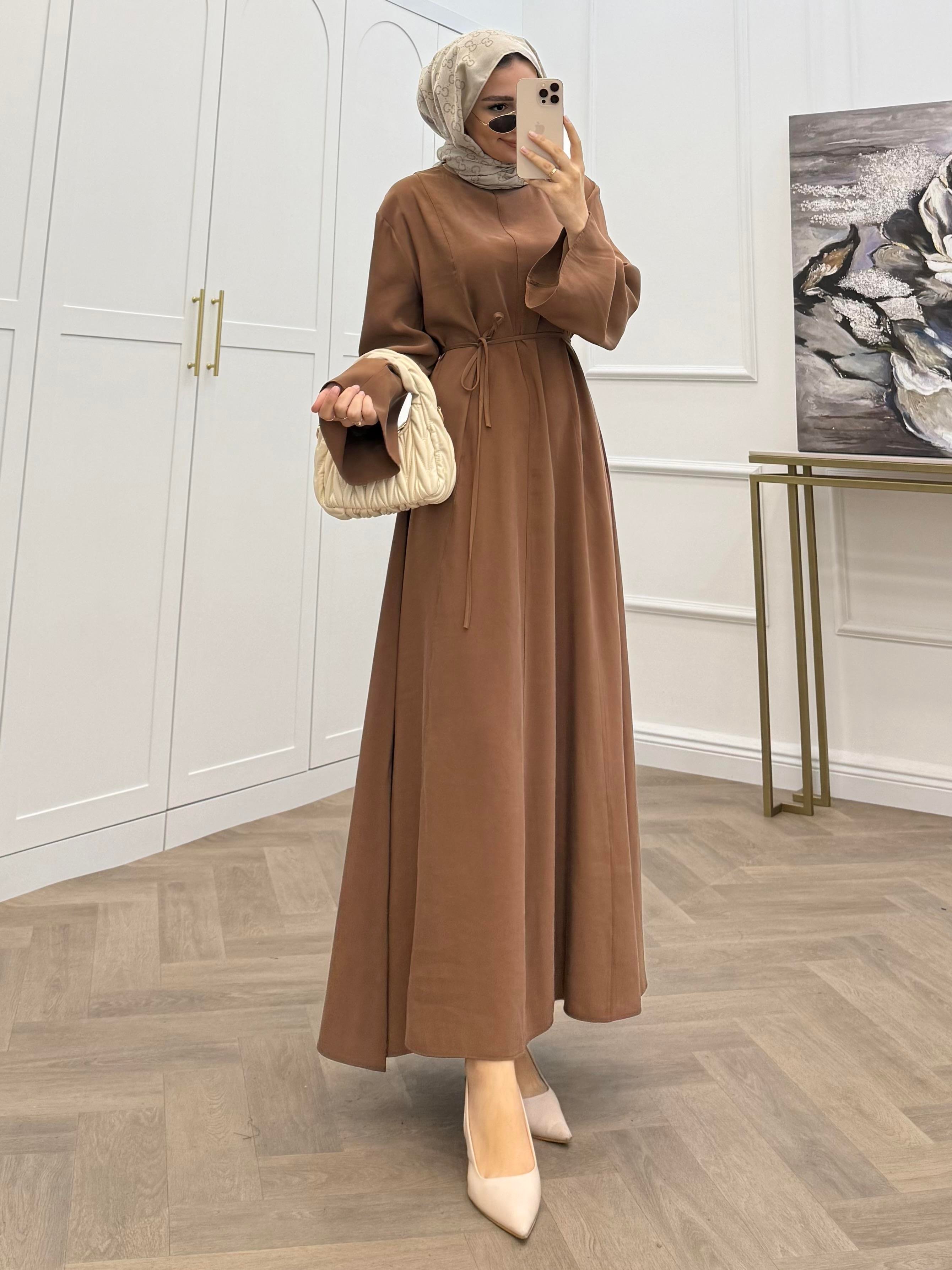 basic kuşaklı modal elbise taba 