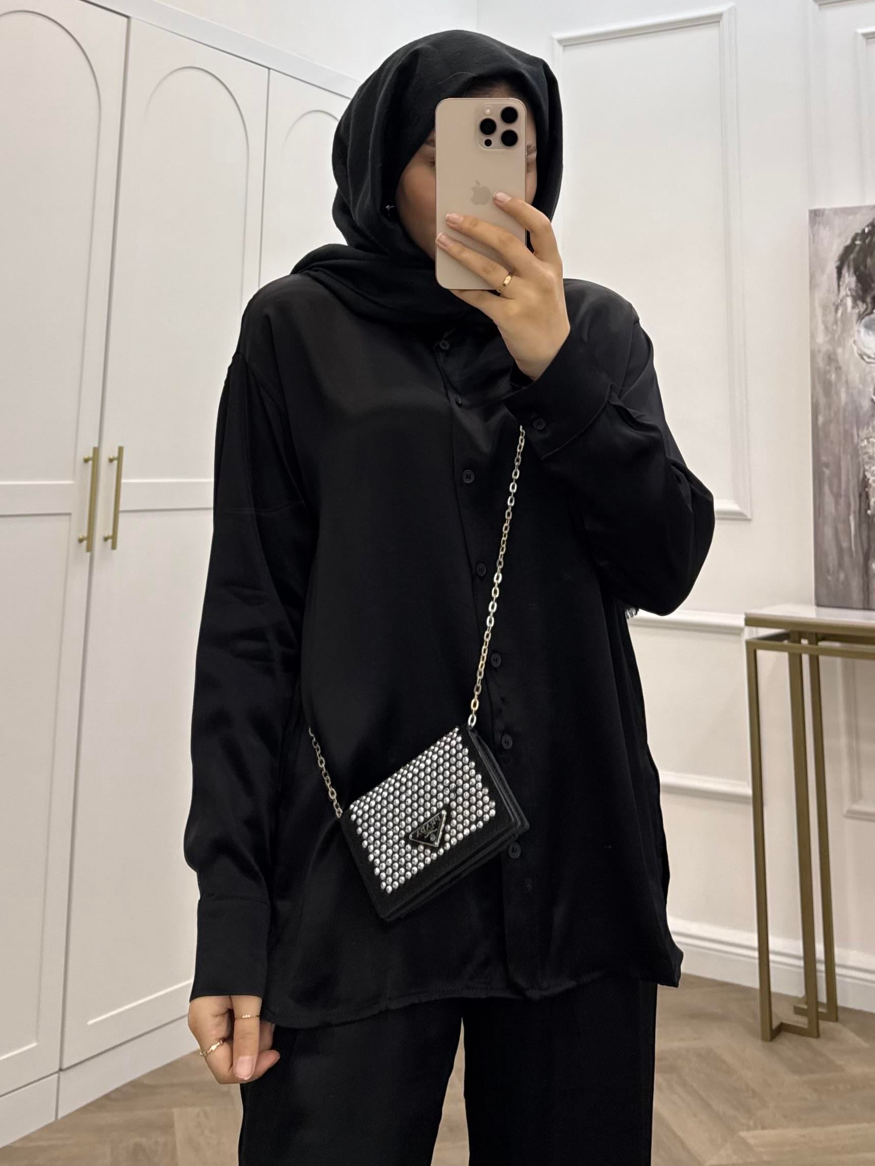 BASİC SATEN PANTOLONLU TAKIM SİYAH