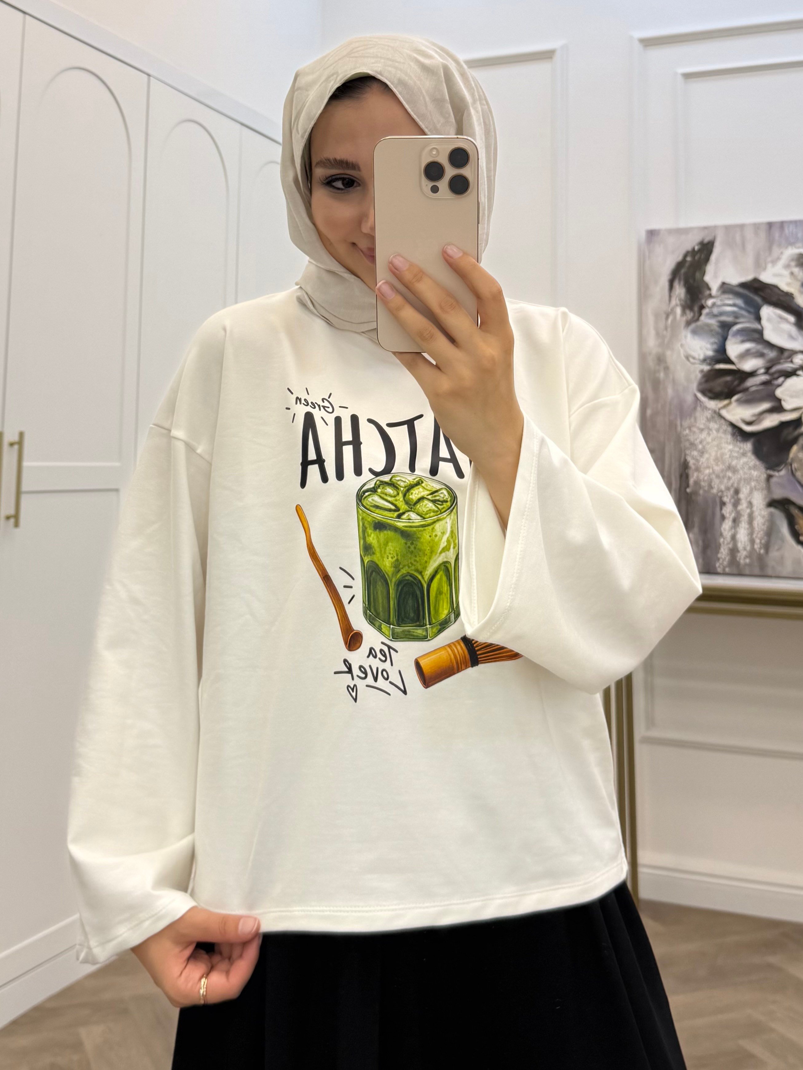 BASKILI UZUN KOLLU TSHİRT MATCHA