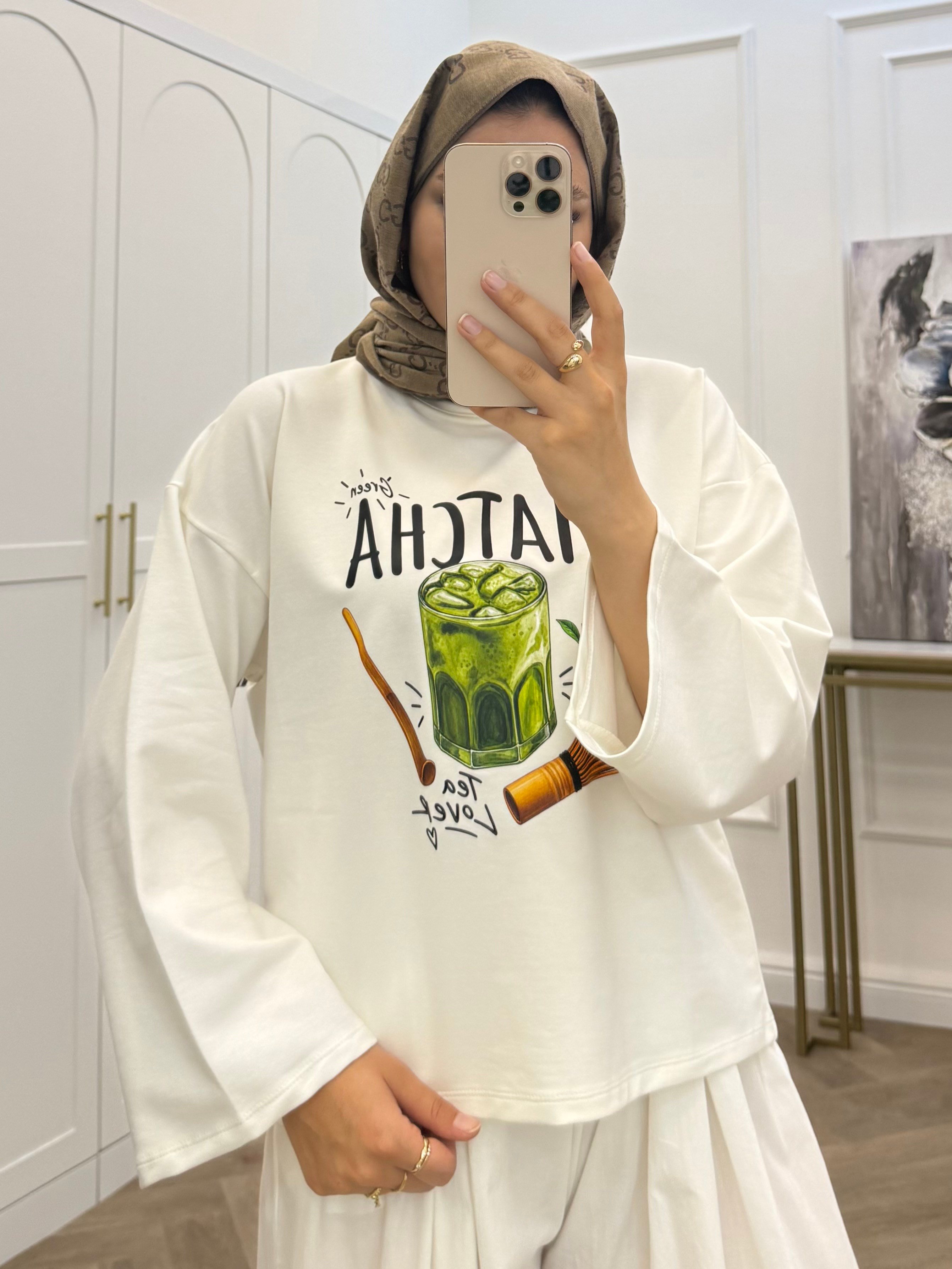 BASKILI UZUN KOLLU TSHİRT MATCHA