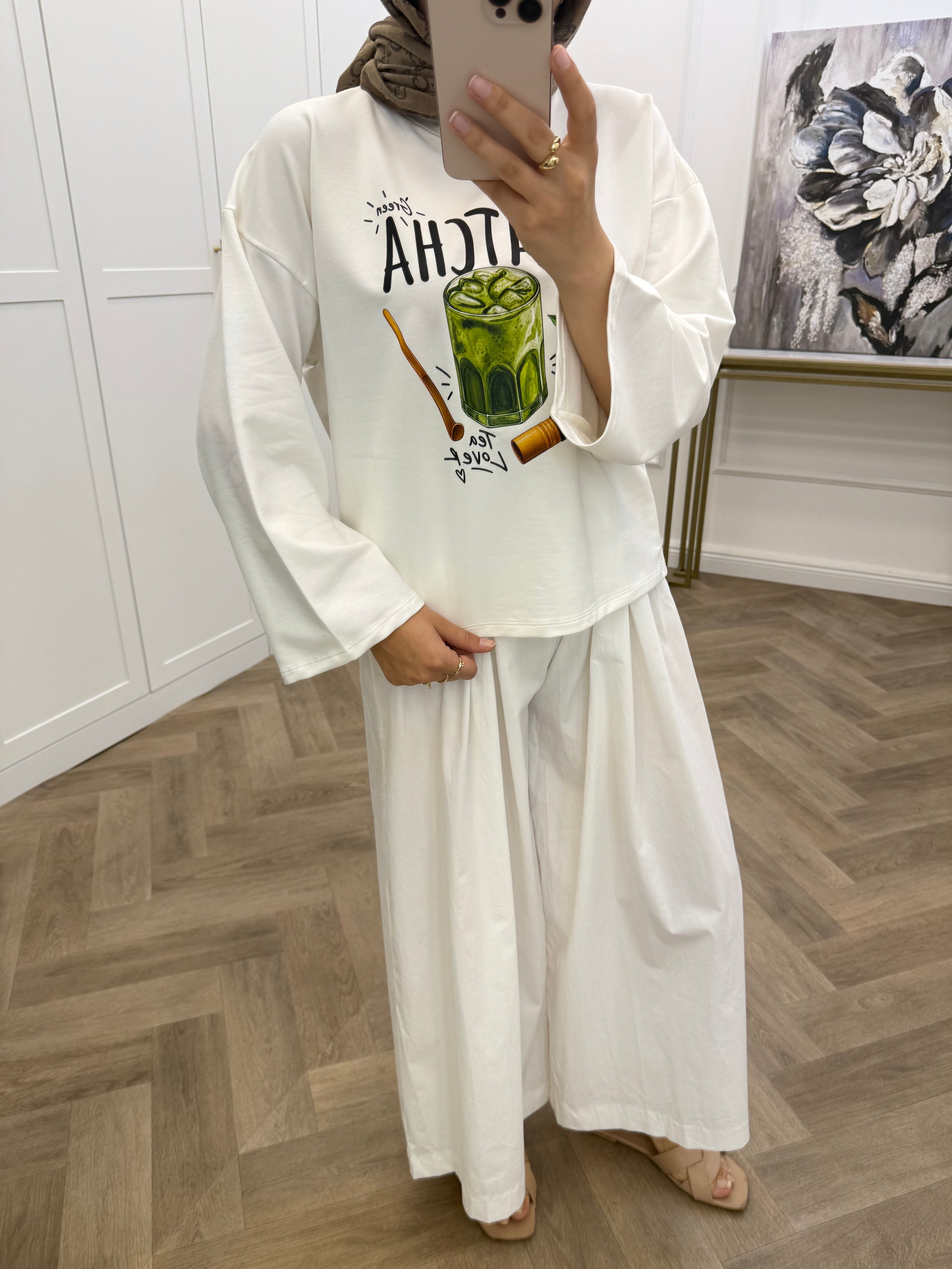 BASKILI UZUN KOLLU TSHİRT MATCHA