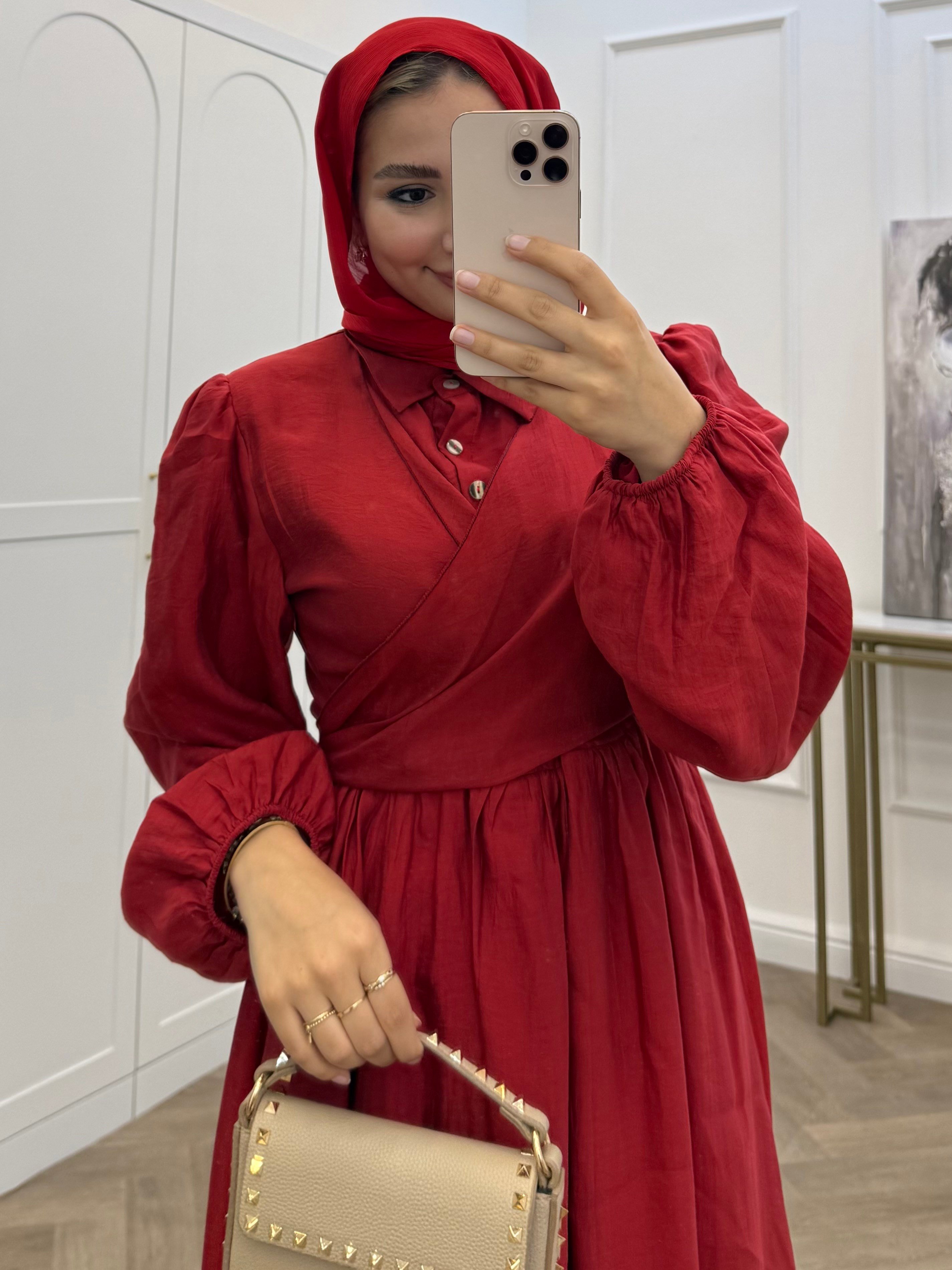 BEL BAĞLAMA DETAYLI ELBİSE KIRMIZI