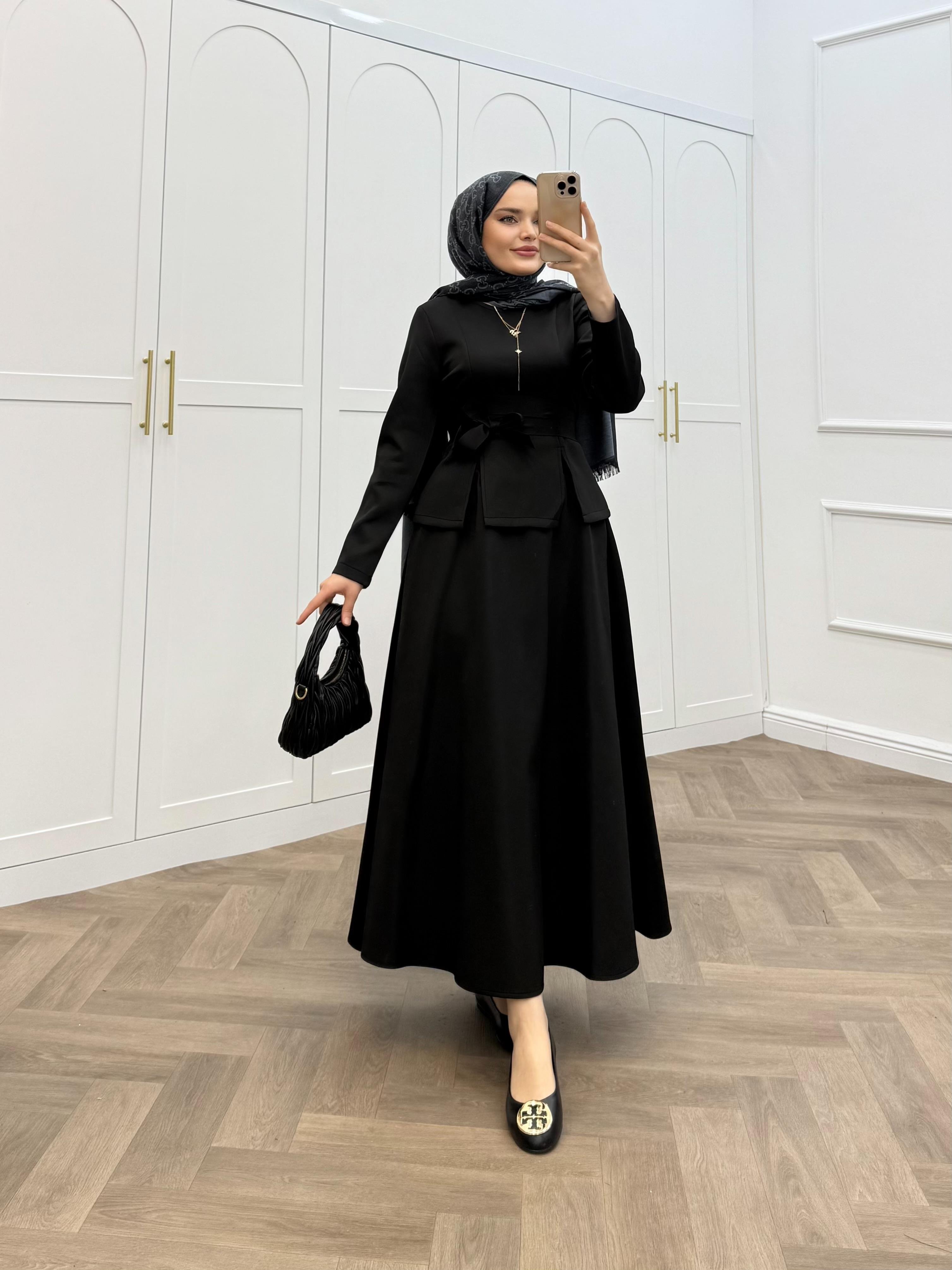 BELDEN BAĞLAMALI SCUBA ETEKLİ TAKIM SİYAH