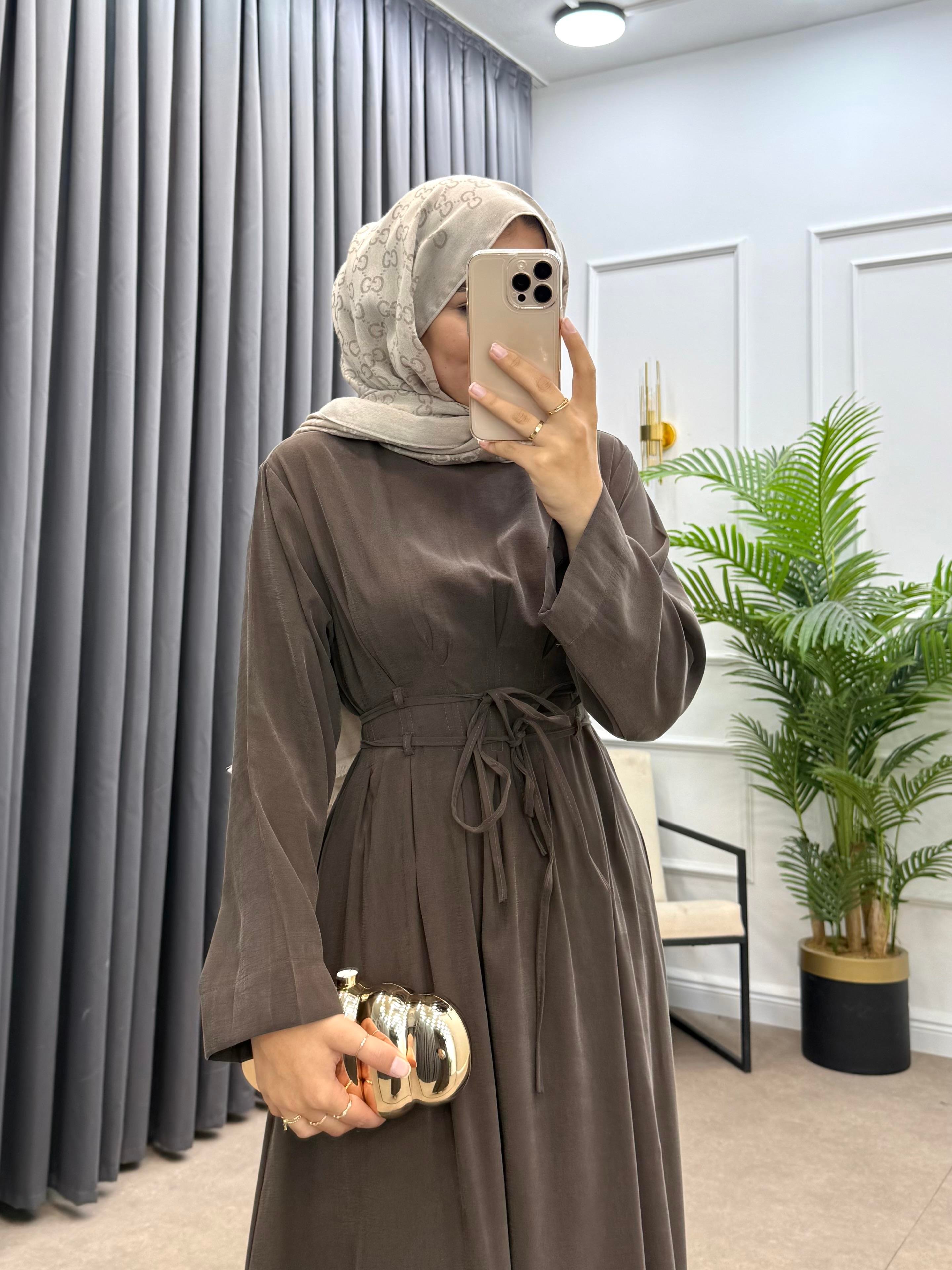 BELDEN İP BAĞLAMALI MODAL ELBİSE KAHVE 