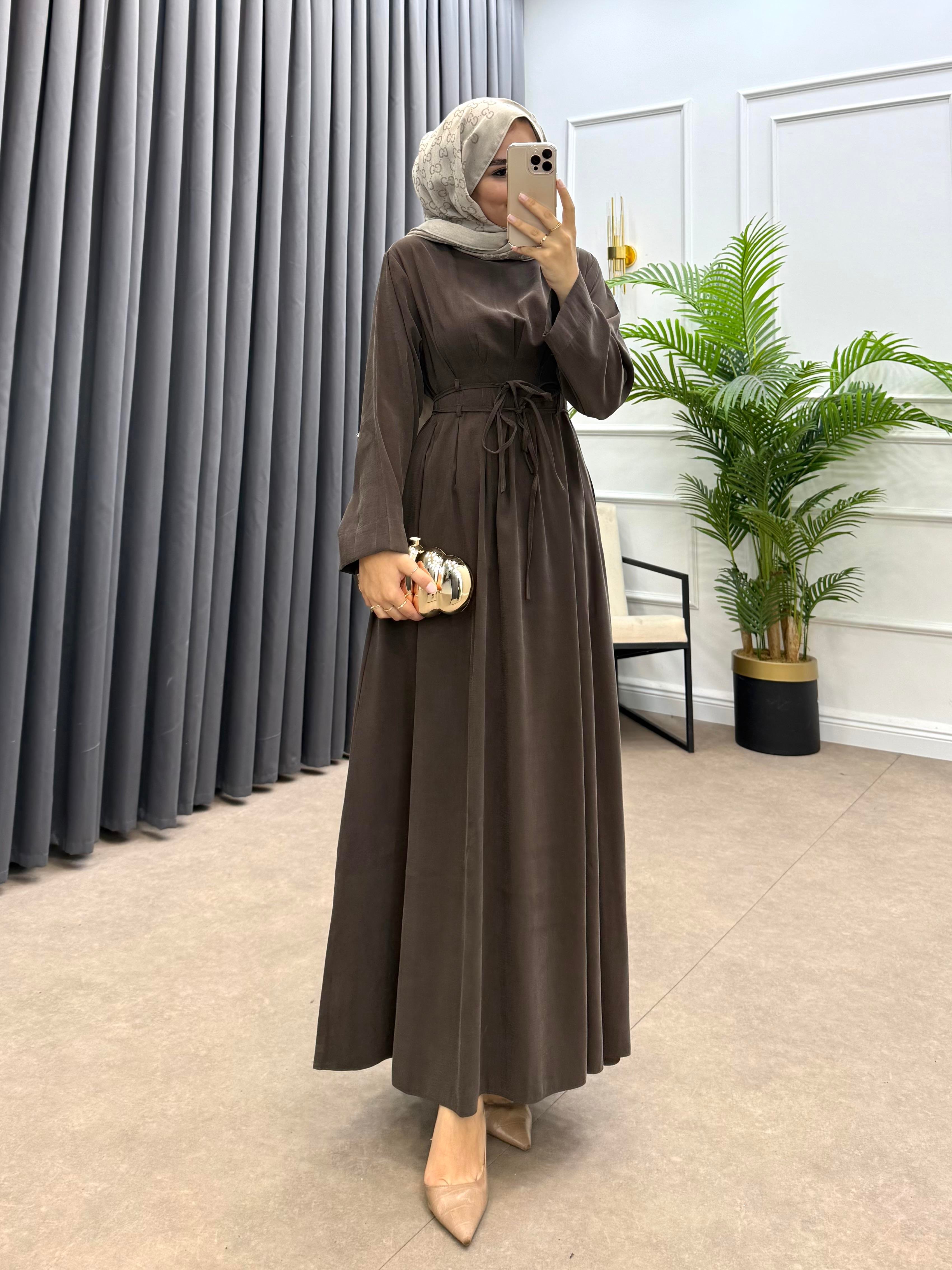 BELDEN İP BAĞLAMALI MODAL ELBİSE KAHVE 