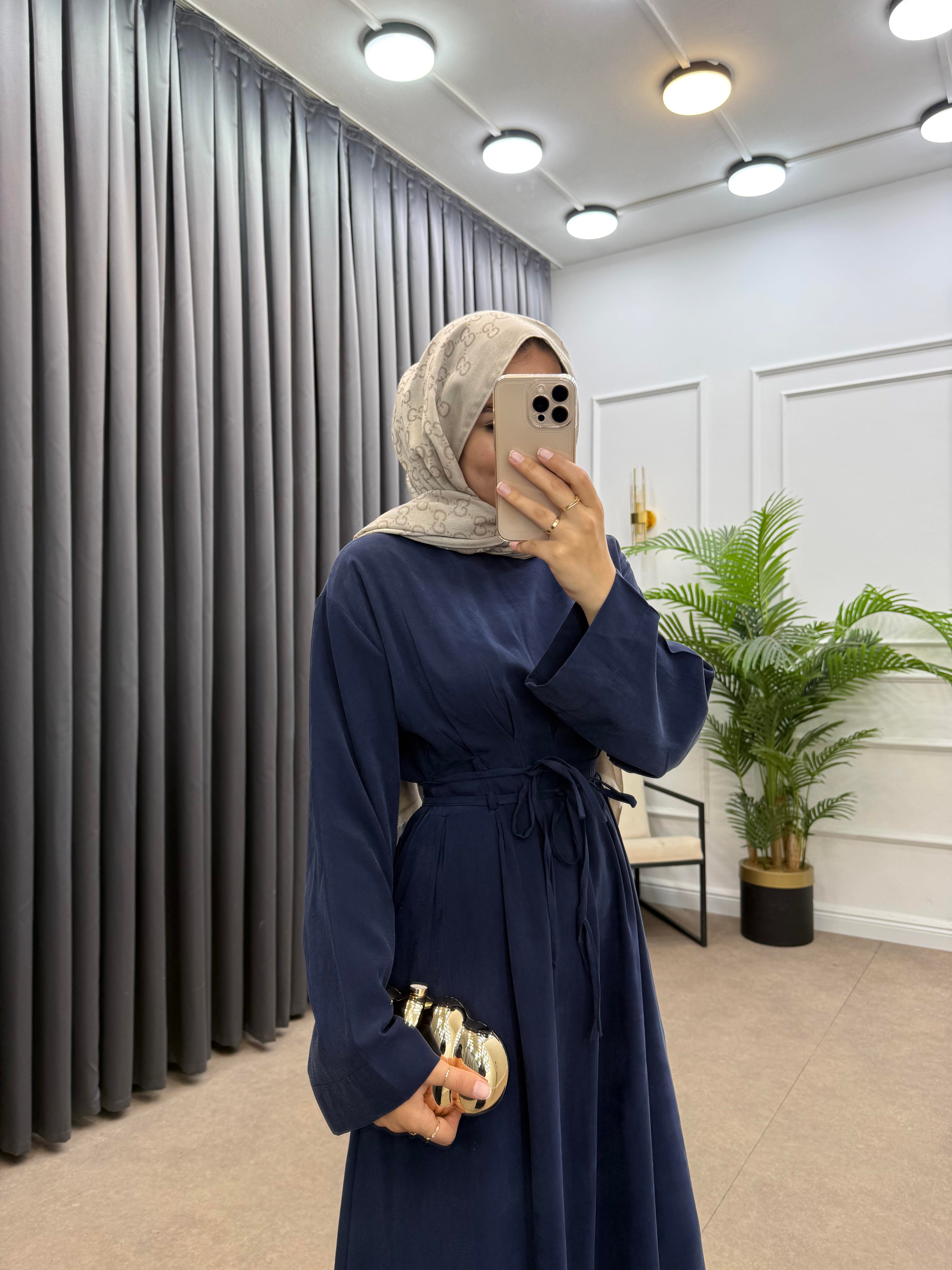 BELDEN İP BAĞLAMALI MODAL ELBİSE lacivert