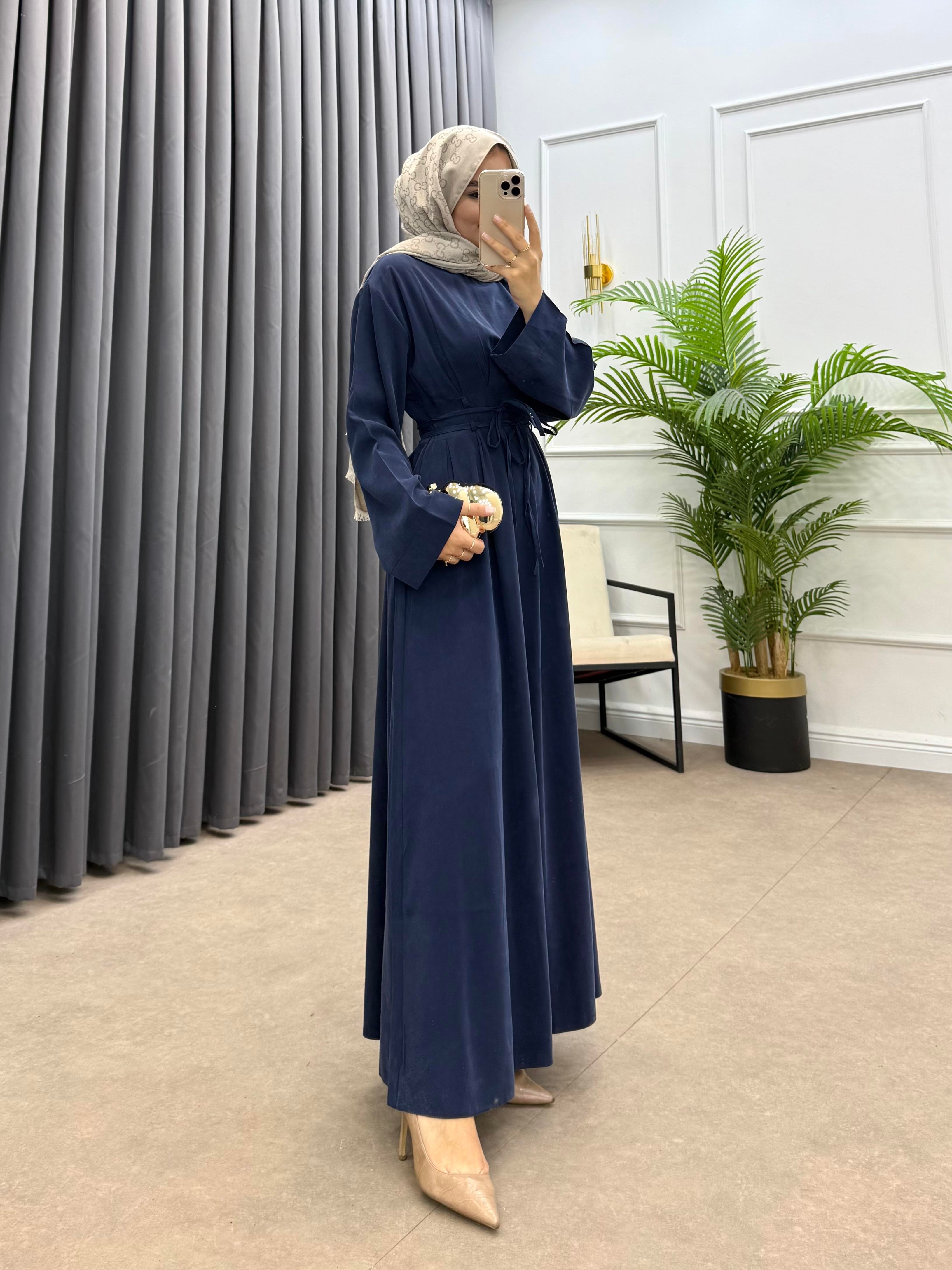 BELDEN İP BAĞLAMALI MODAL ELBİSE lacivert