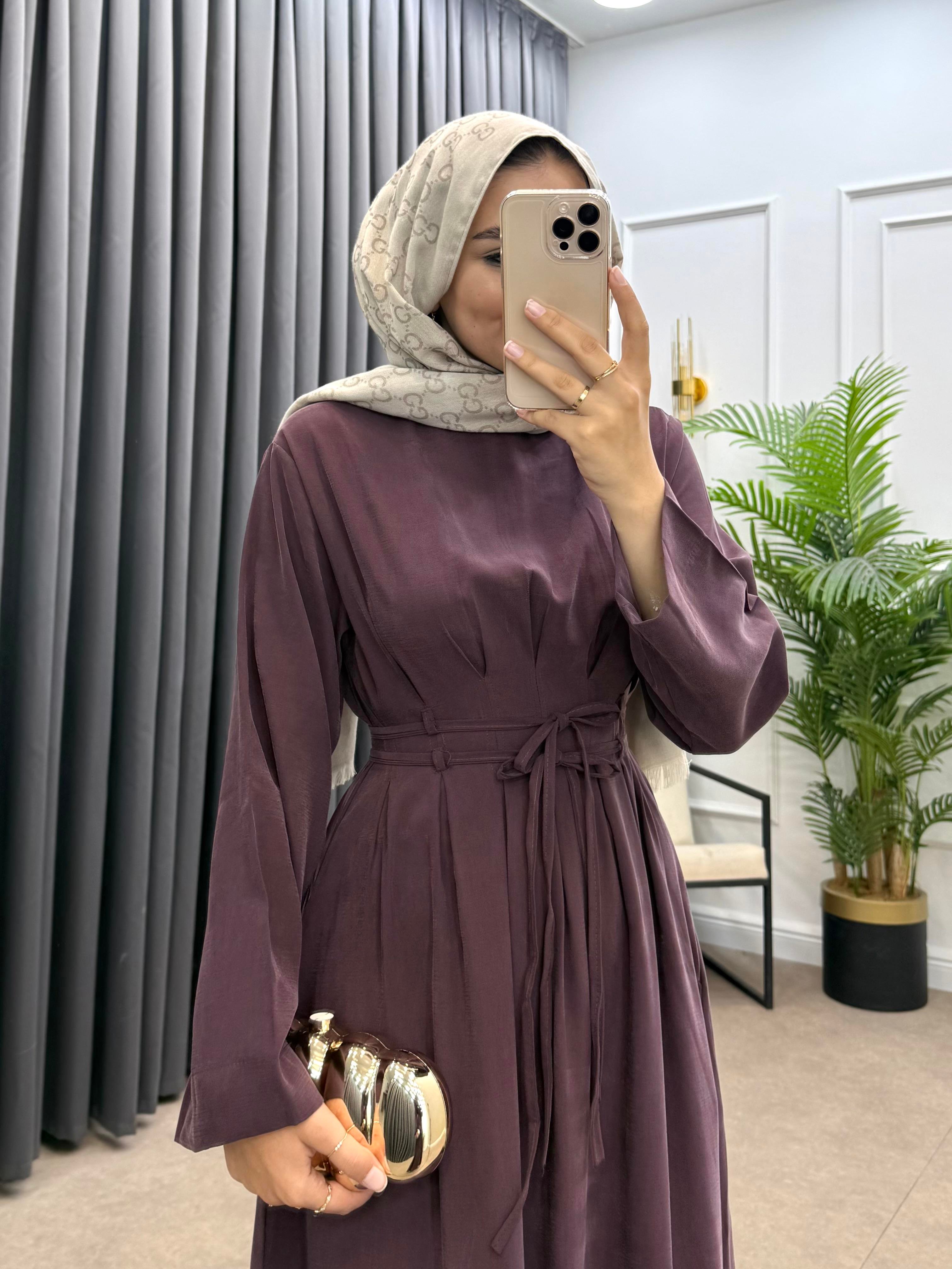 BELDEN İP BAĞLAMALI MODAL ELBİSE MÜRDÜM