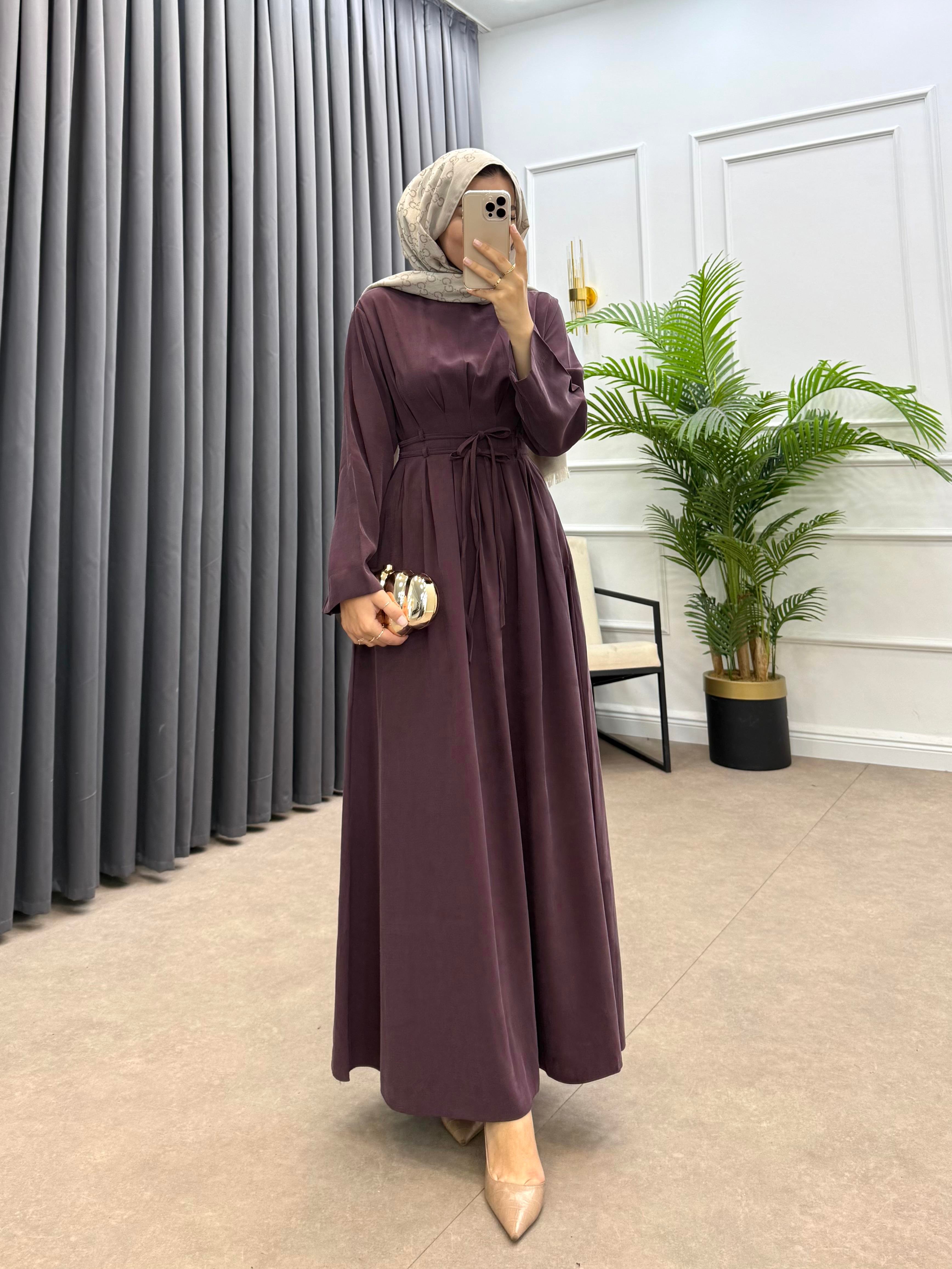 BELDEN İP BAĞLAMALI MODAL ELBİSE MÜRDÜM