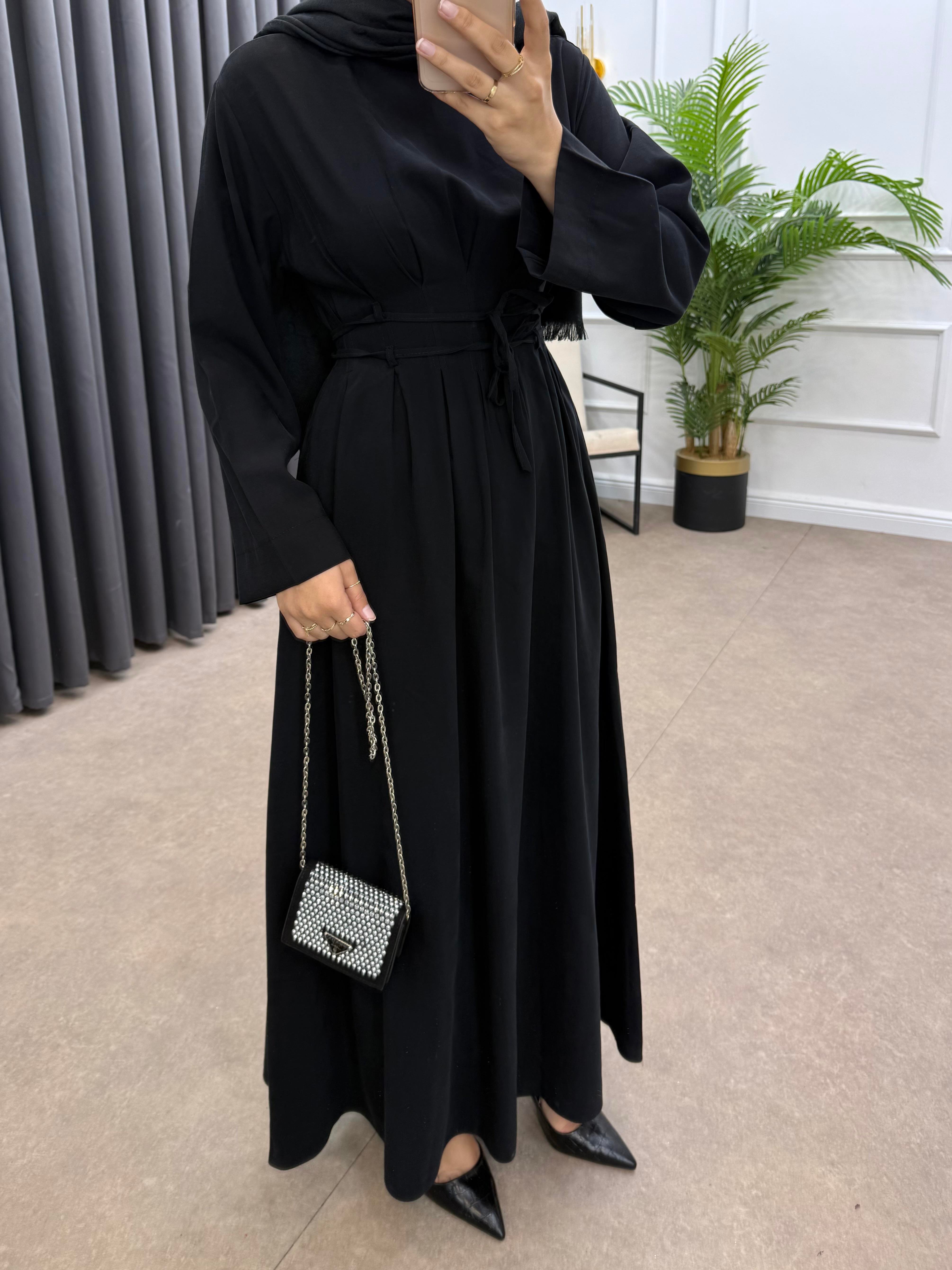 BELDEN İP BAĞLAMALI MODAL ELBİSE SİYAH