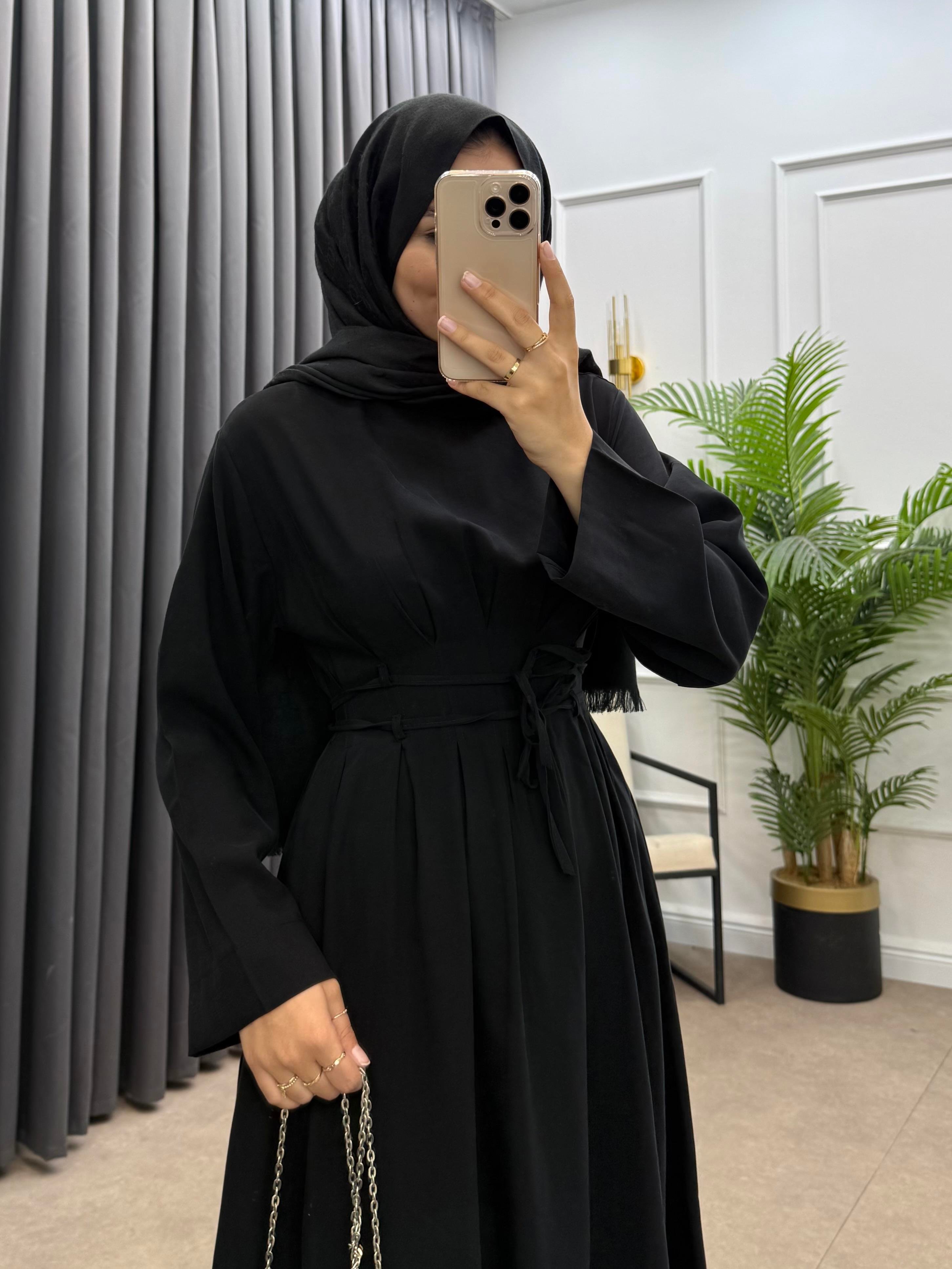 BELDEN İP BAĞLAMALI MODAL ELBİSE SİYAH