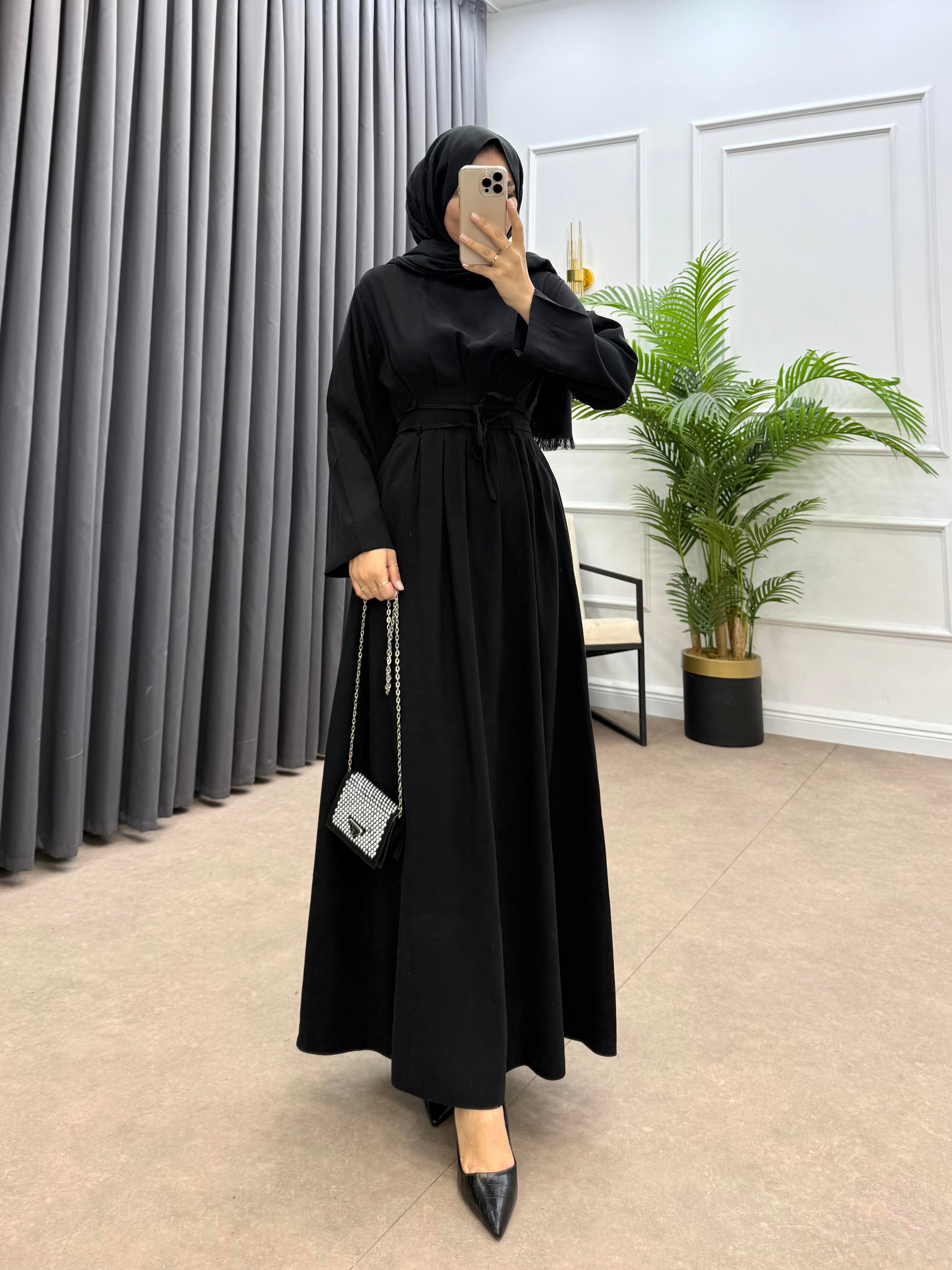 BELDEN İP BAĞLAMALI MODAL ELBİSE SİYAH