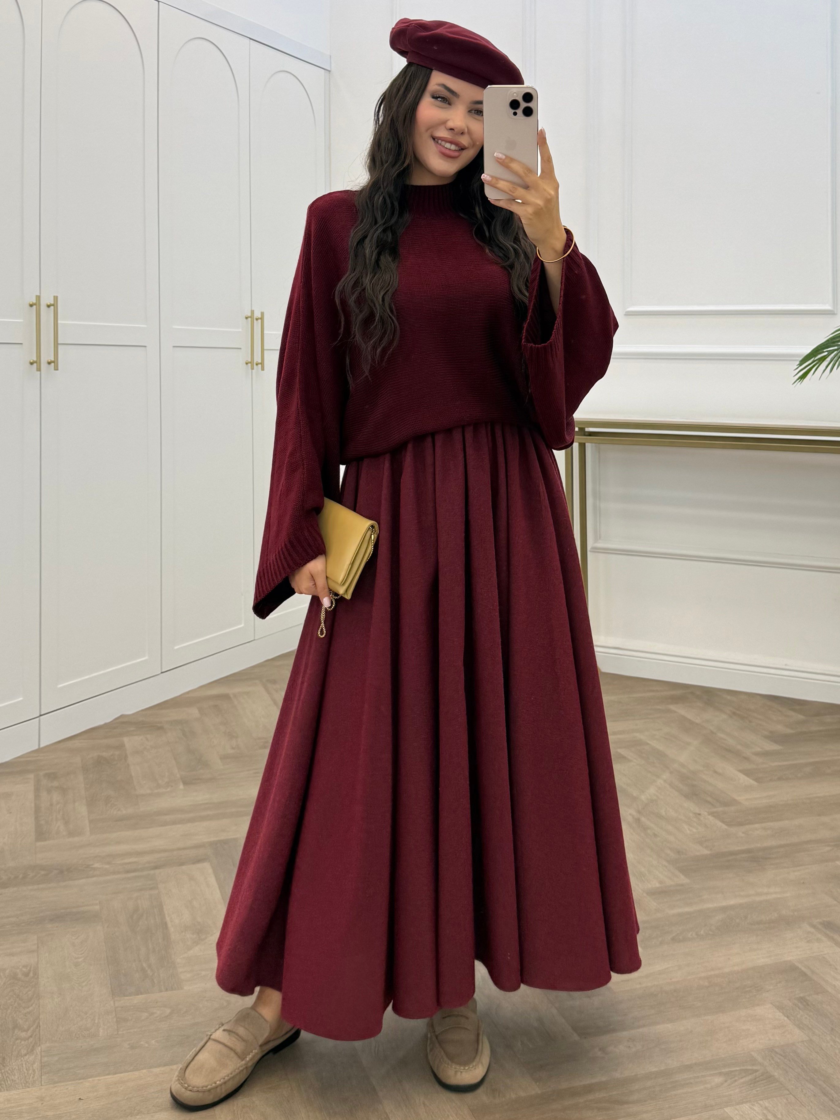 BELİ LASTİKLİ ETEK BORDO