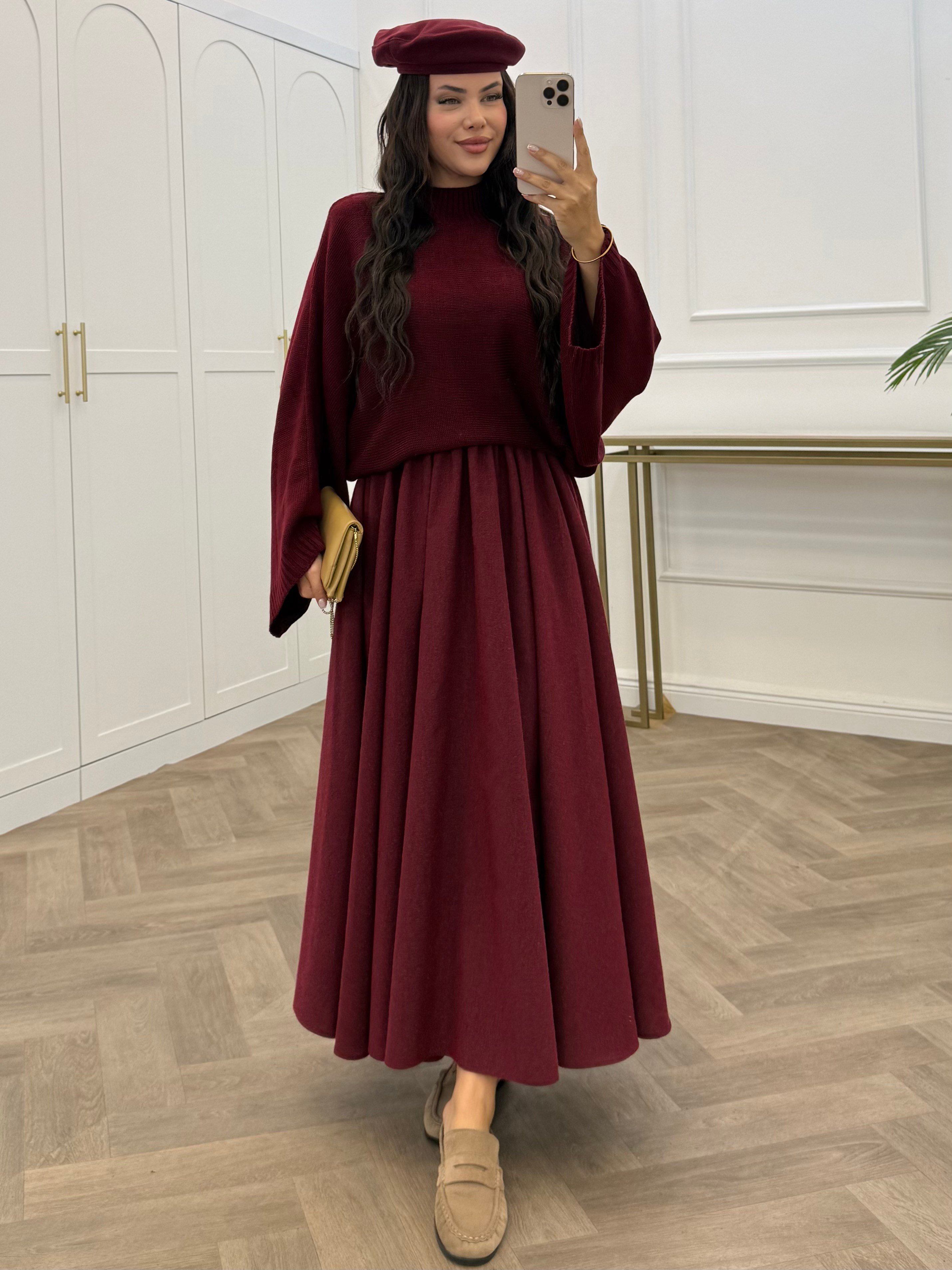 BELİ LASTİKLİ ETEK BORDO