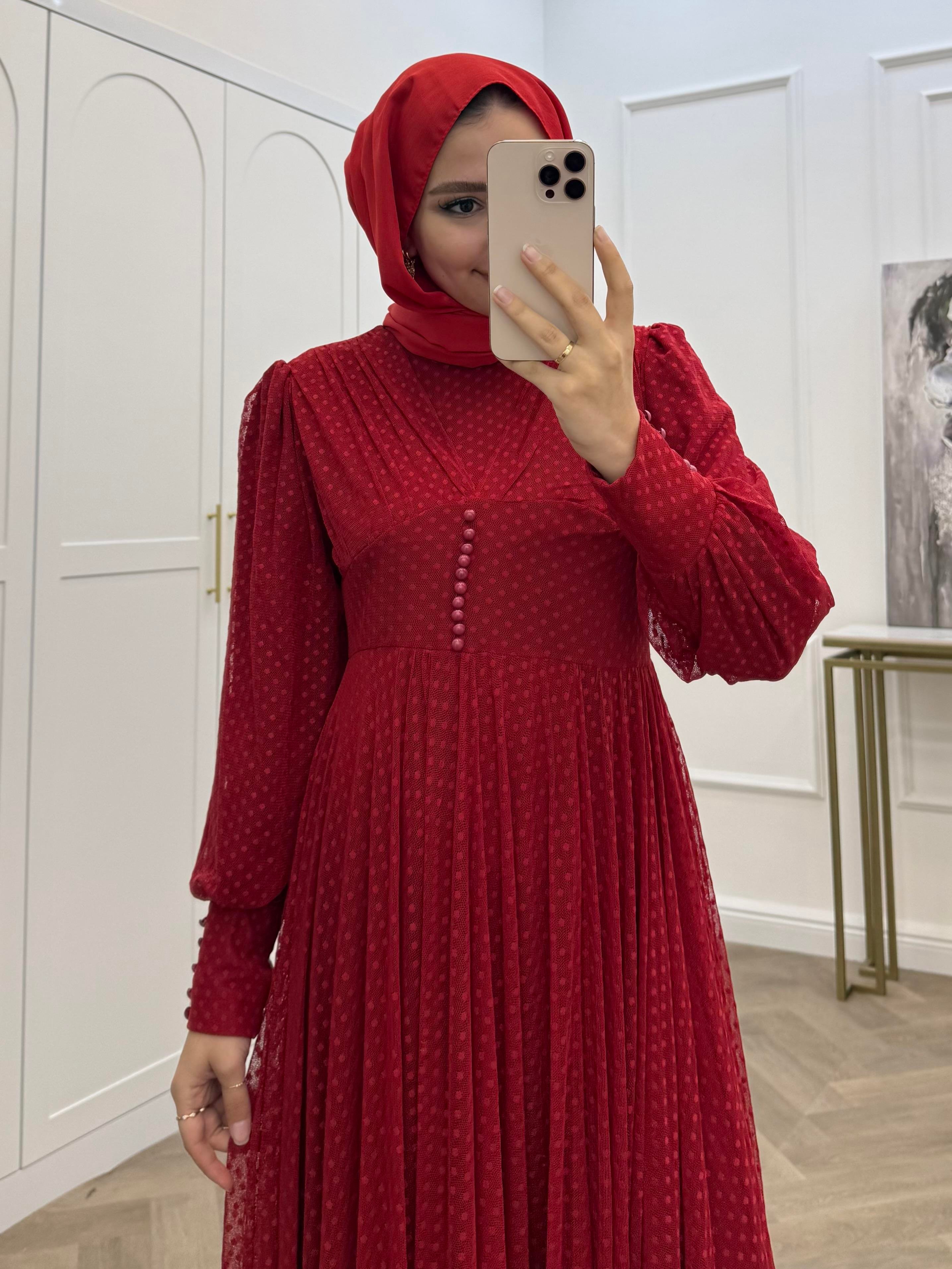 BENEKLİ TÜL ELBİSE KIRMIZI