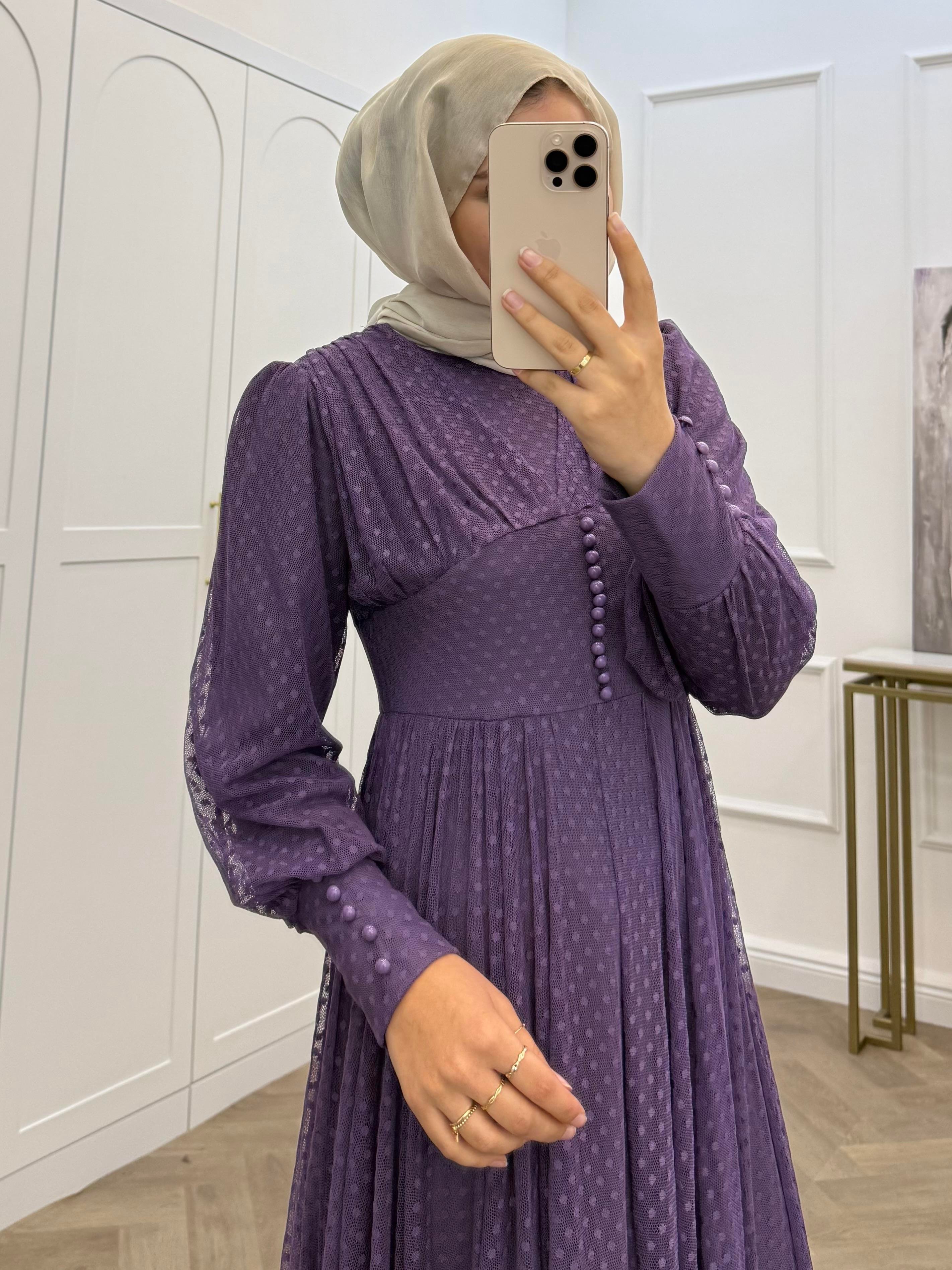 BENEKLİ TÜL ELBİSE MOR