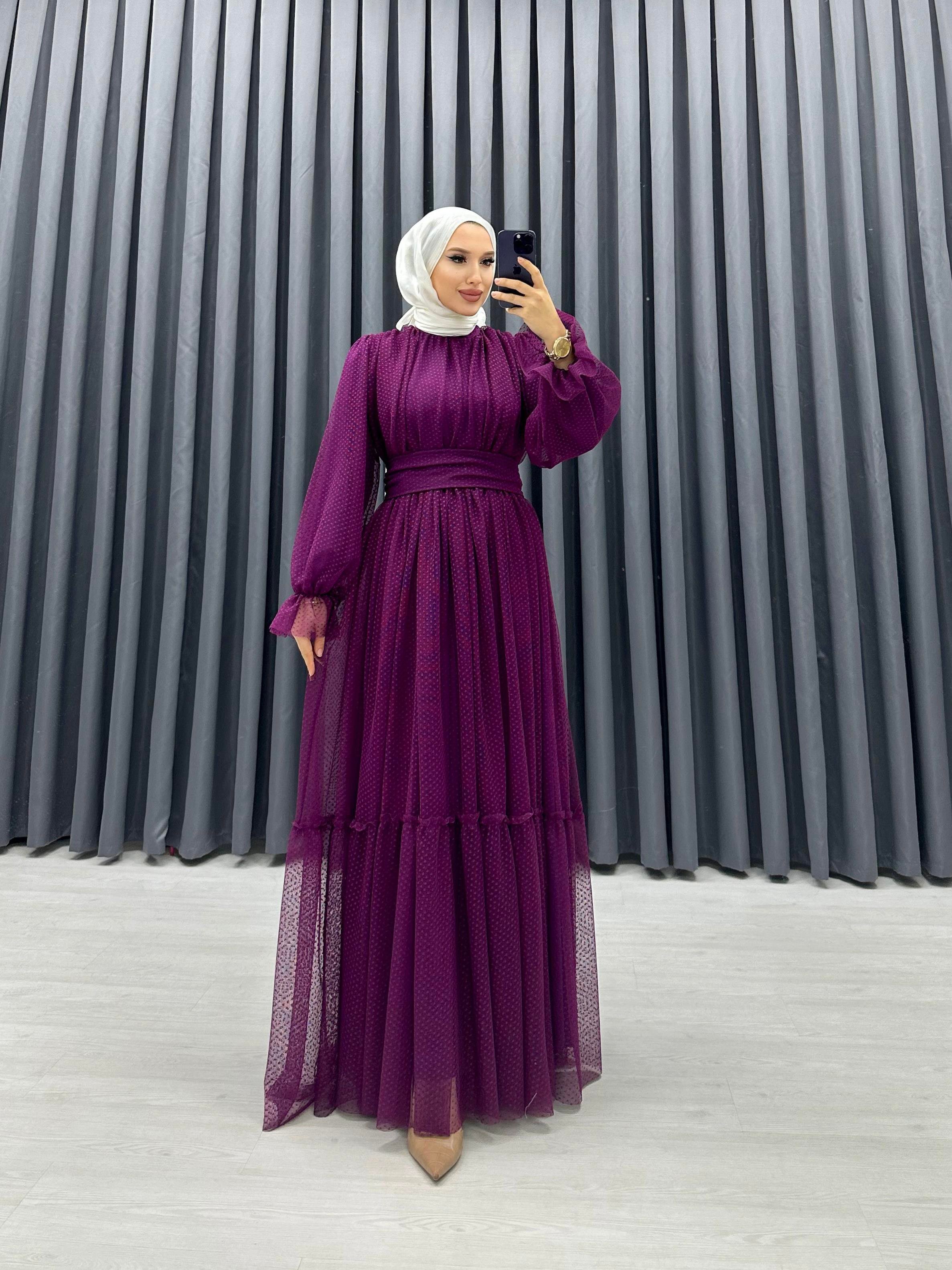 BENEKLİ TÜL ELBİSE MOR