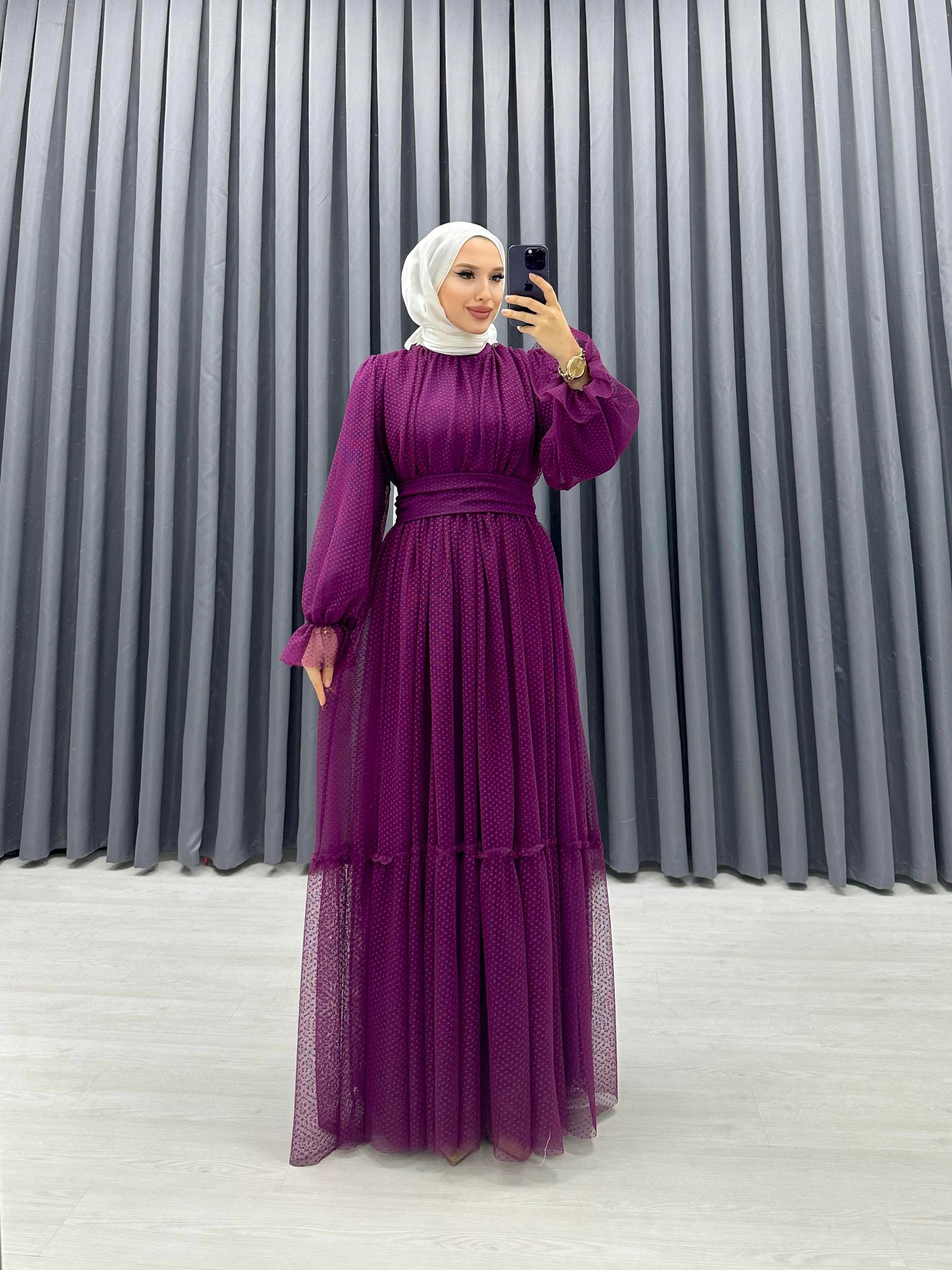 BENEKLİ TÜL ELBİSE MOR