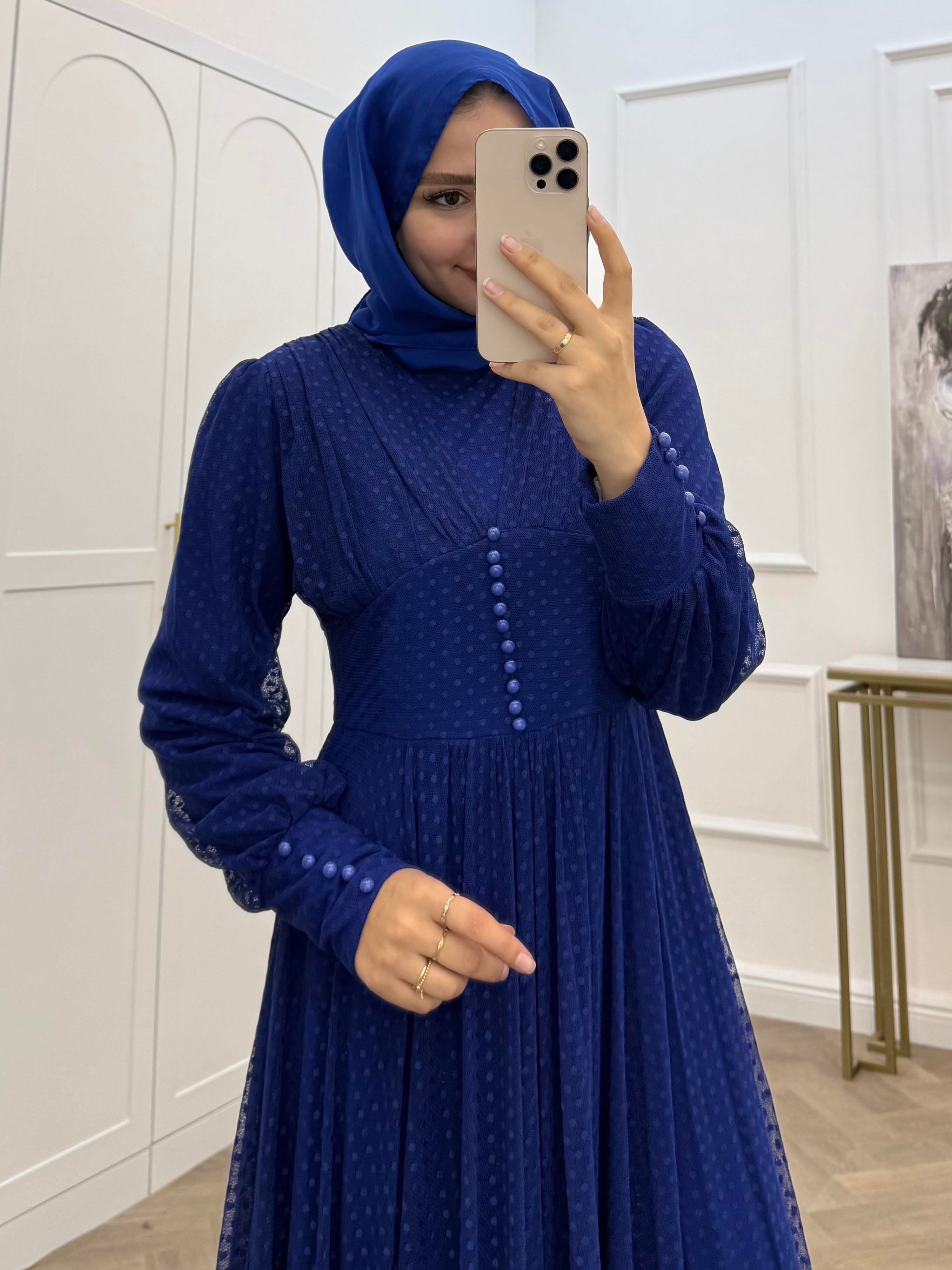BENEKLİ TÜL ELBİSE SAKS