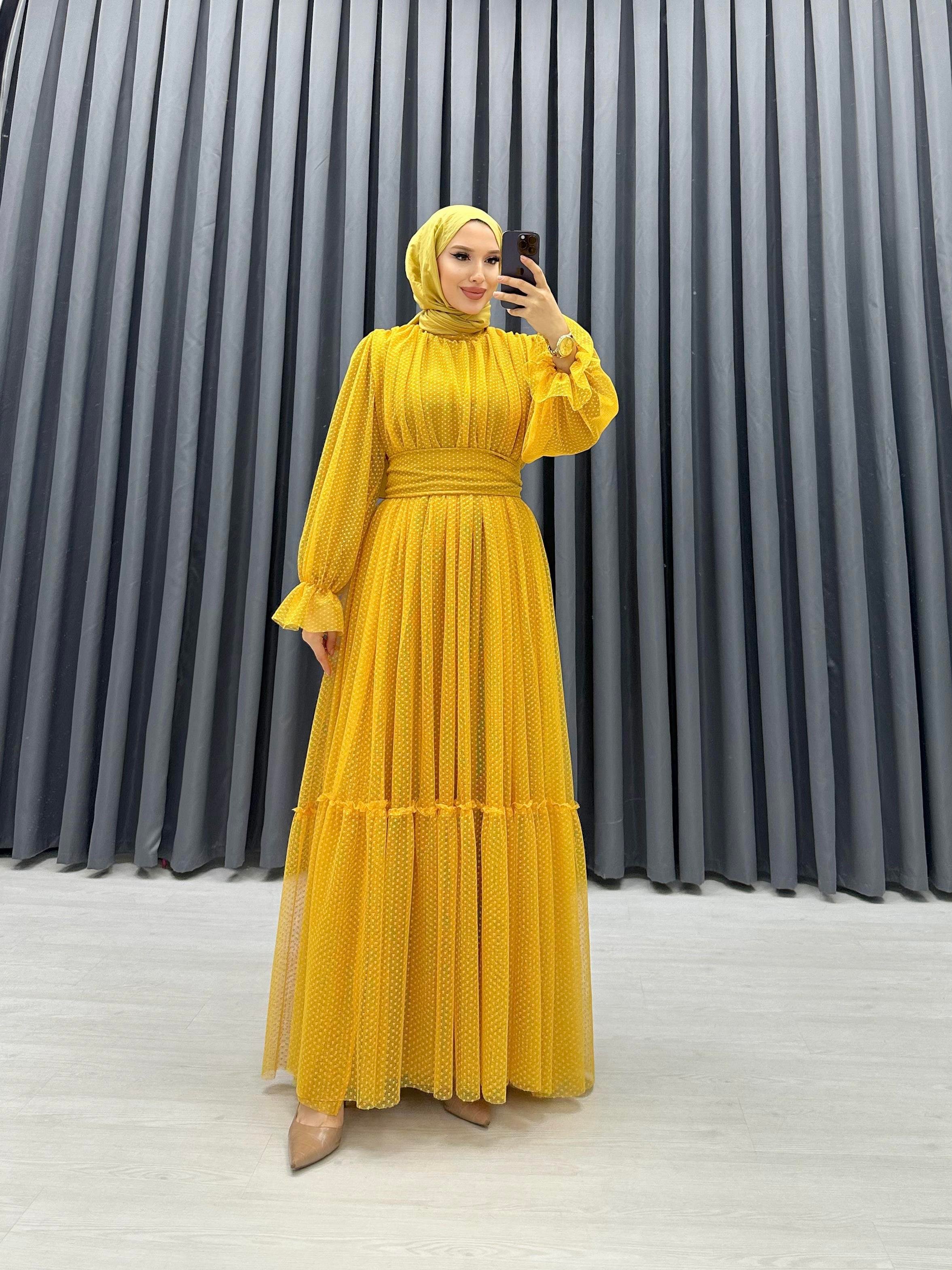 BENEKLİ TÜL ELBİSE SARI