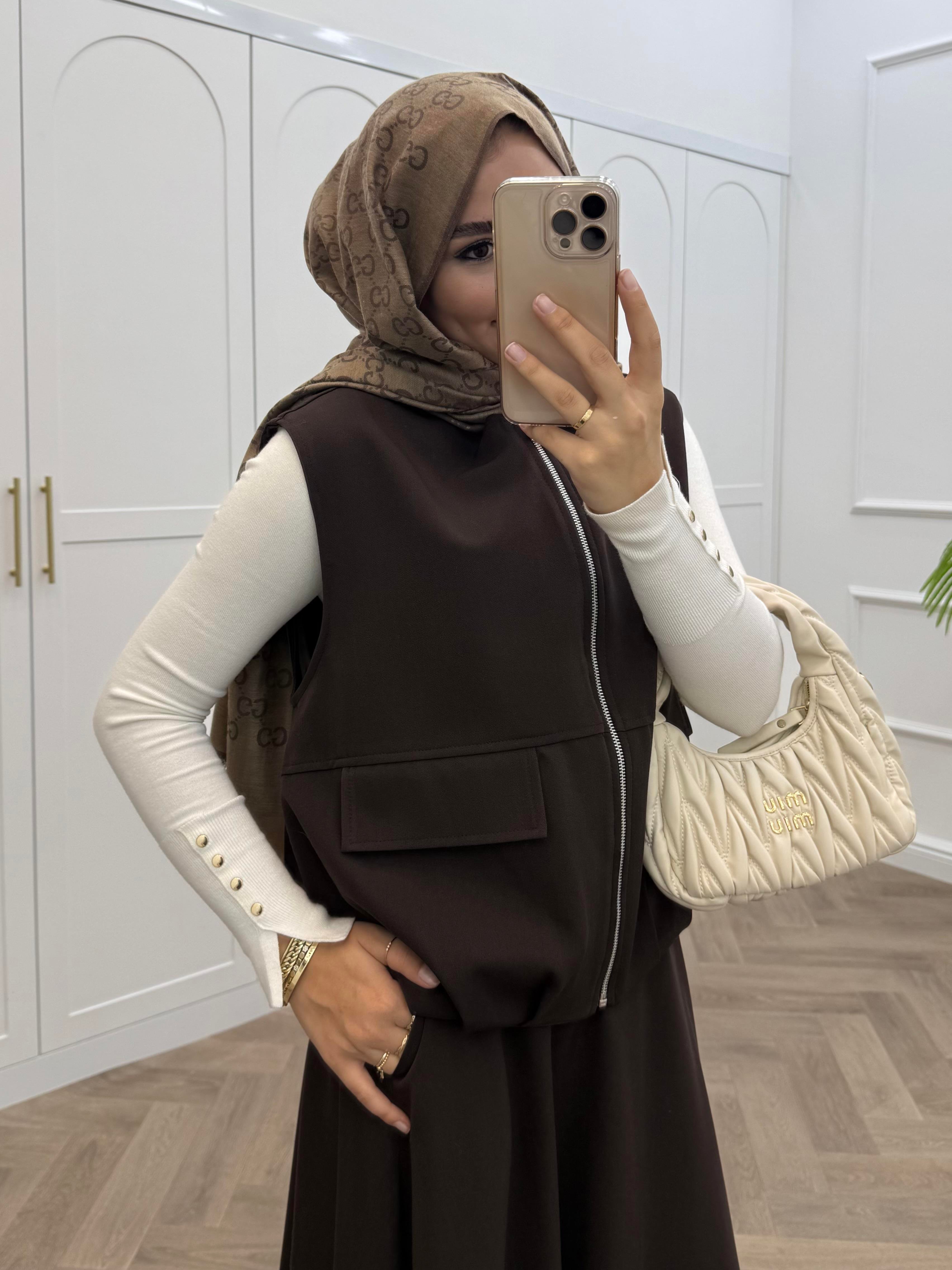 BOMBER YELEKLİ ETEKLİ TAKIM KAHVE