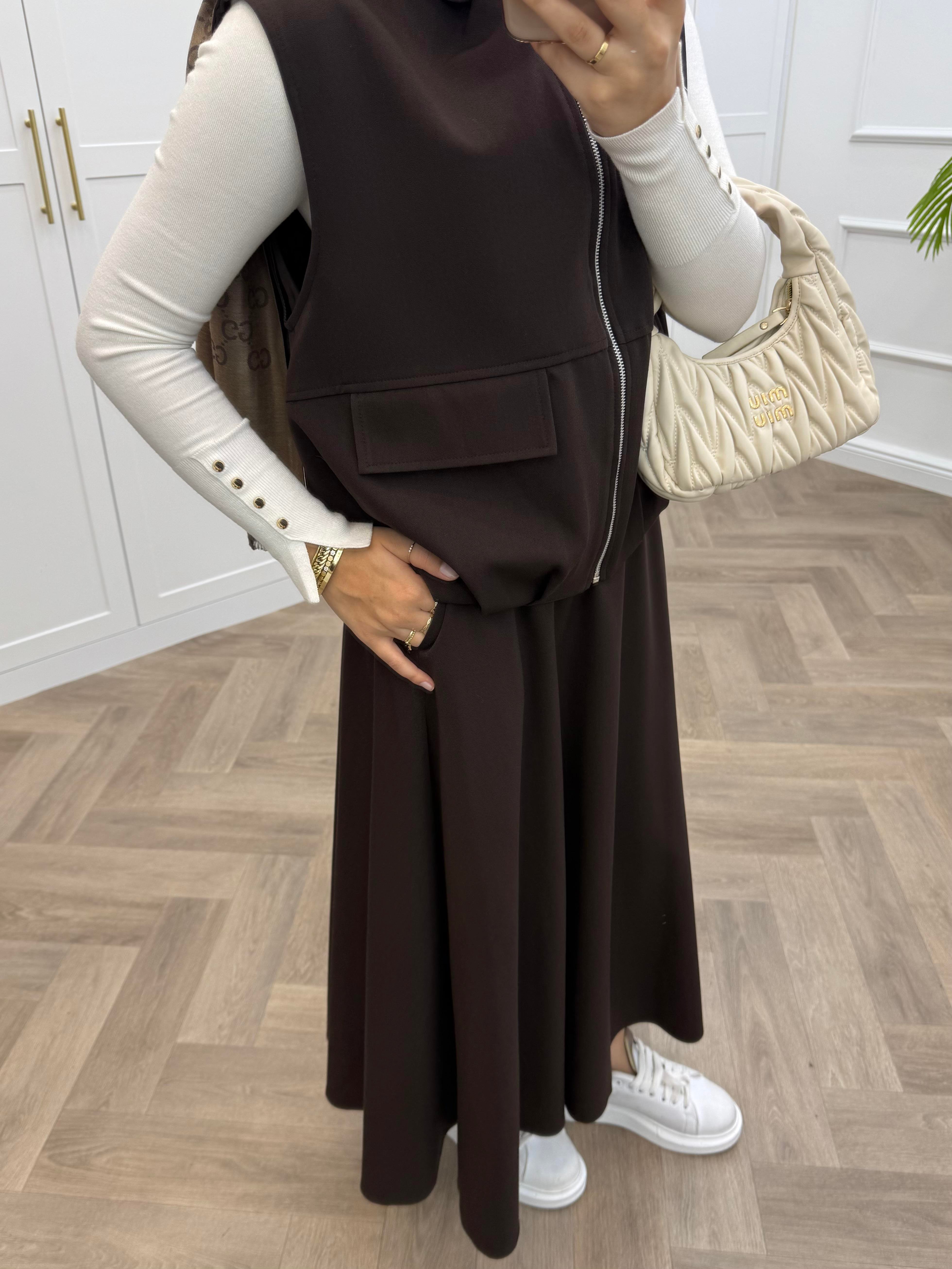 BOMBER YELEKLİ ETEKLİ TAKIM KAHVE