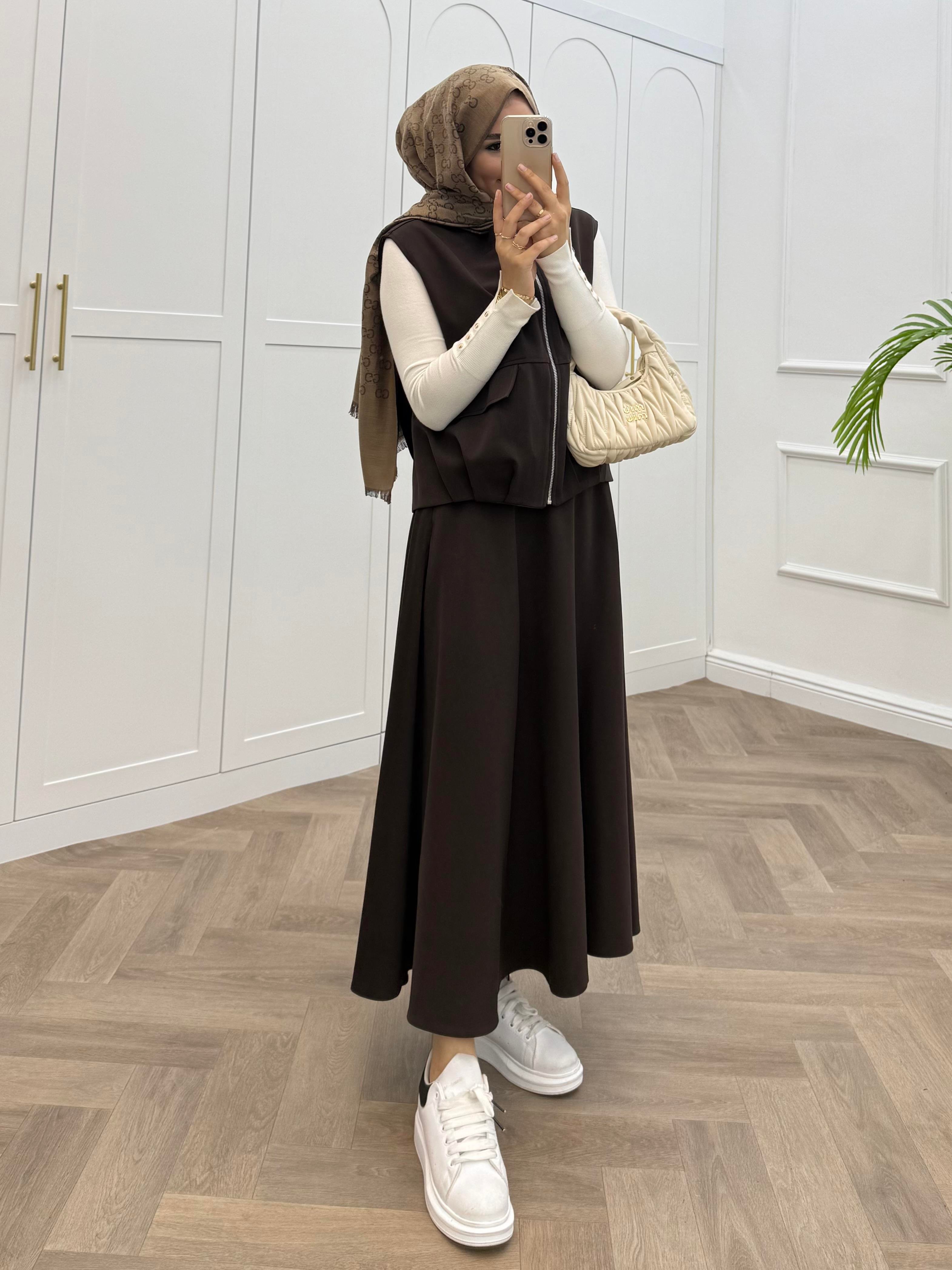 BOMBER YELEKLİ ETEKLİ TAKIM KAHVE