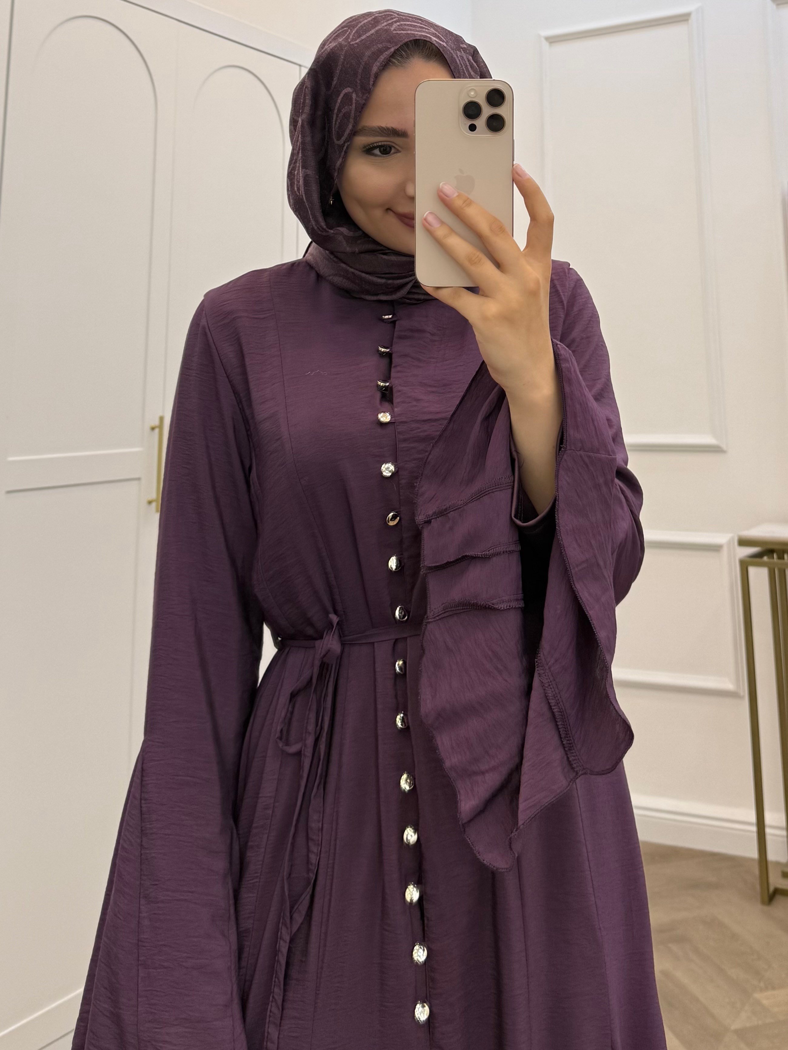 BOYDAN GOLD DÜĞMELİ ŞİFON ELBİSE  BORDO