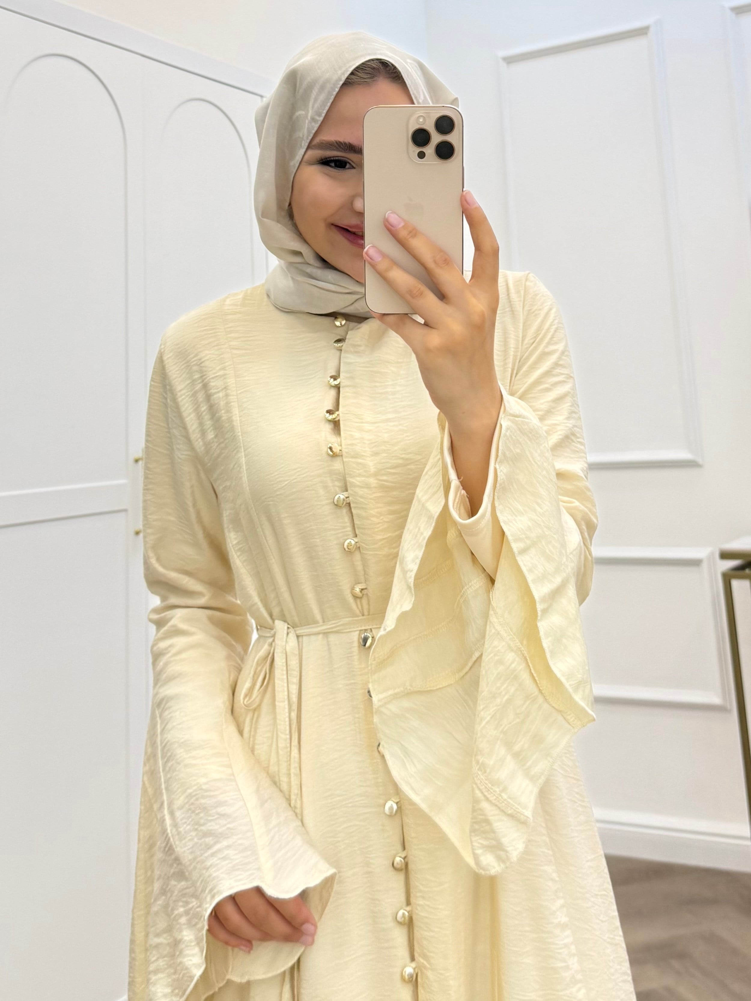 BOYDAN GOLD DÜĞMELİ ŞİFON ELBİSE KREM 