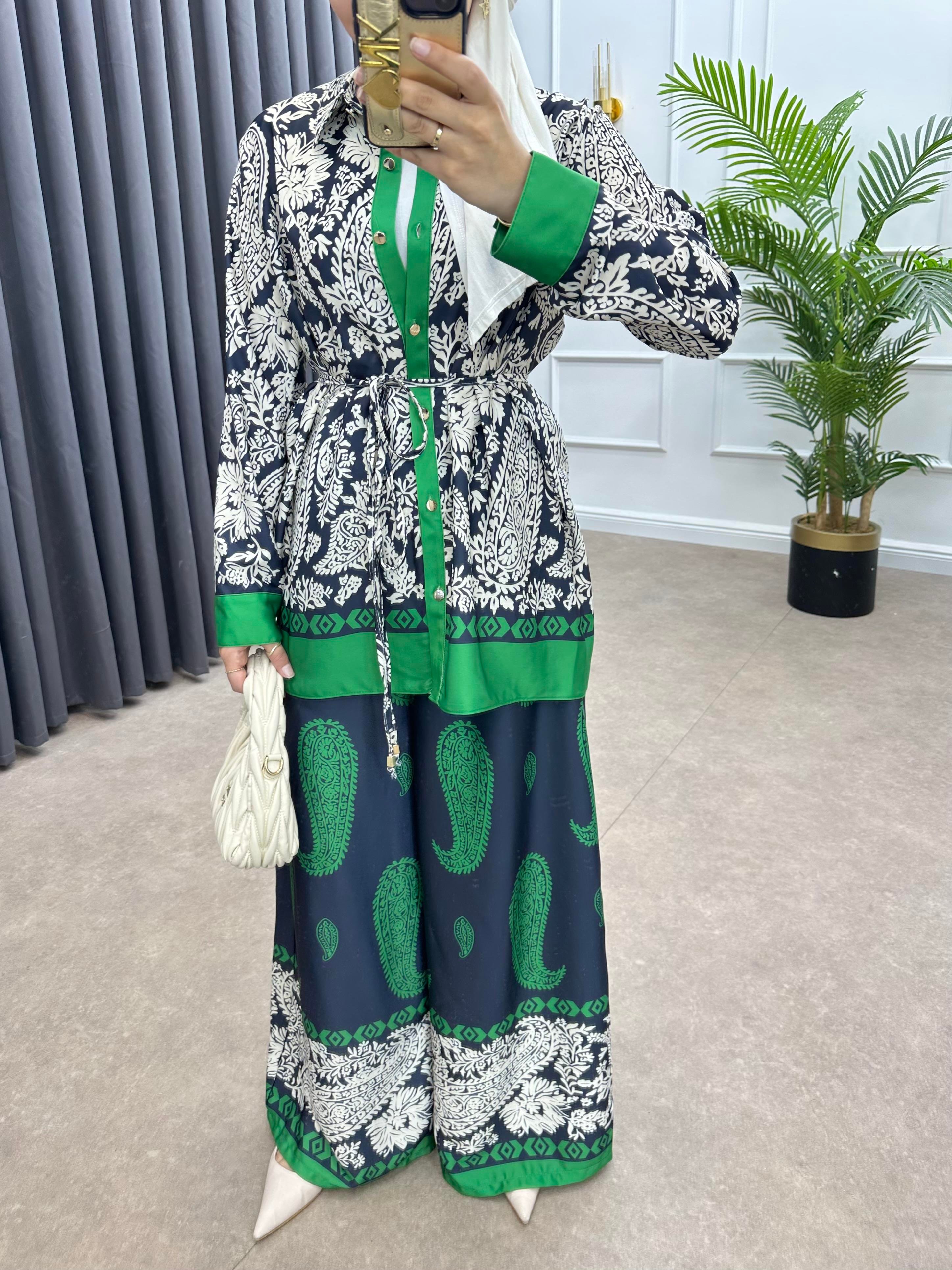 BUTA DESENLİ SATEN TAKIM YEŞİL