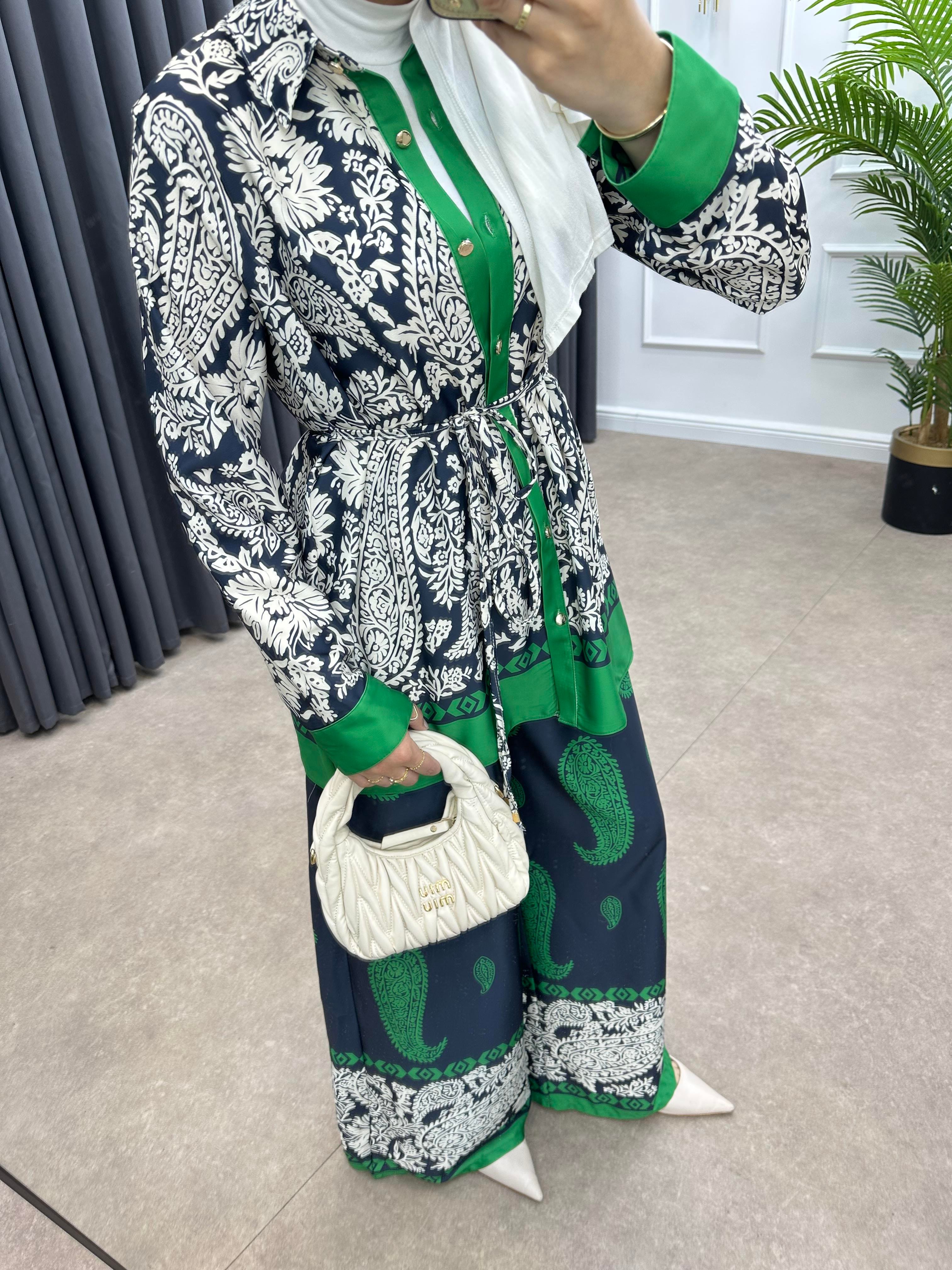 BUTA DESENLİ SATEN TAKIM YEŞİL