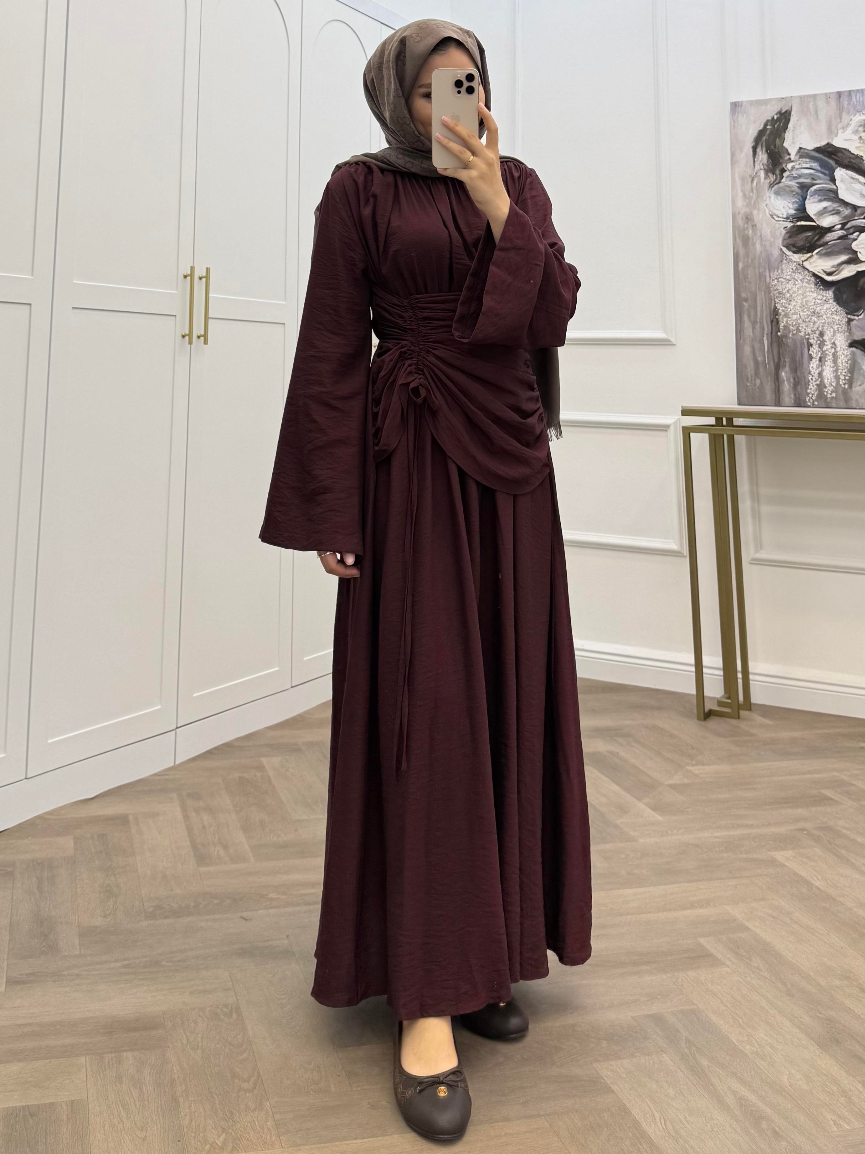 BÜZGÜLÜ KETEN ELBİSE BORDO