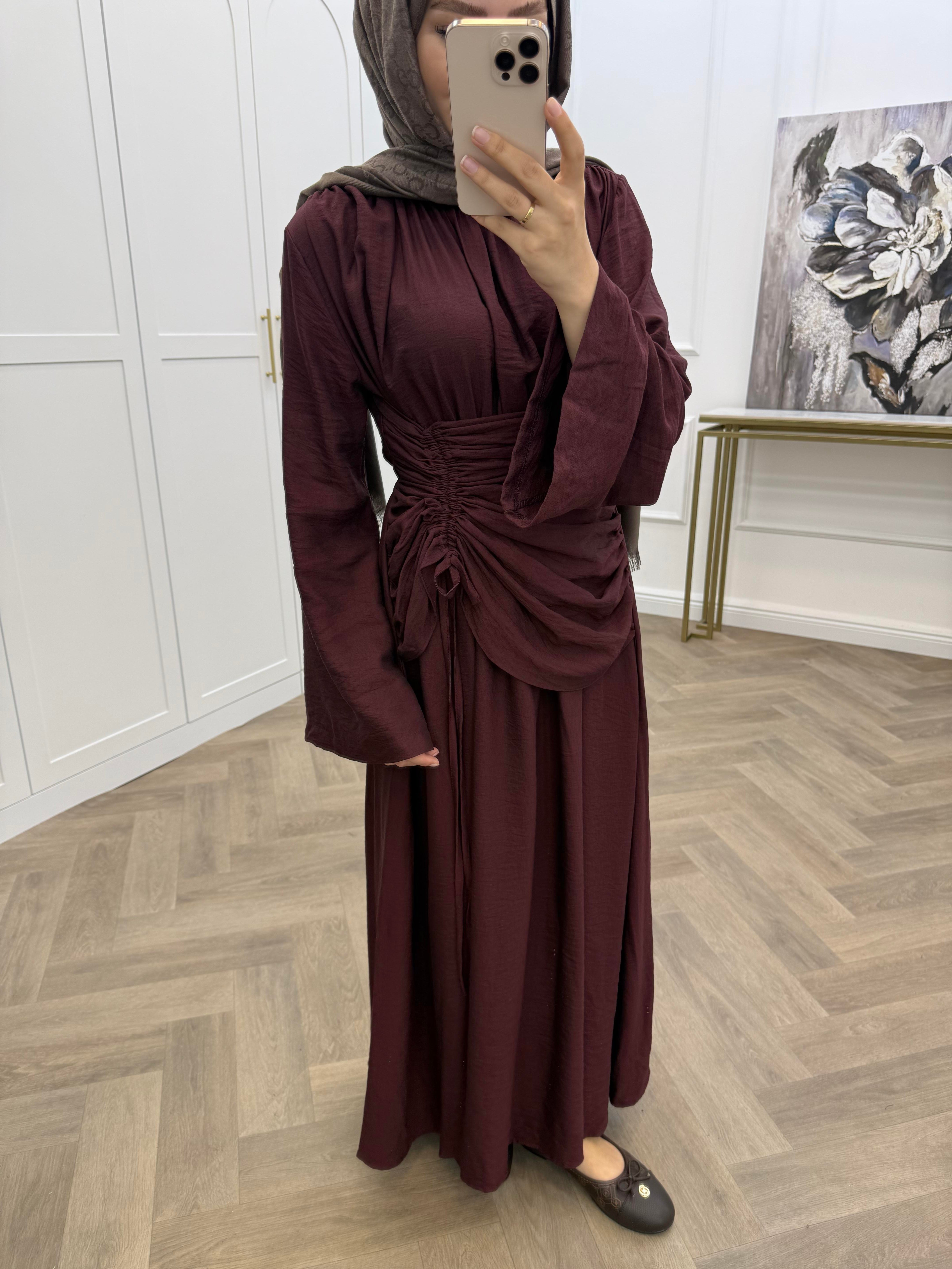 BÜZGÜLÜ KETEN ELBİSE BORDO