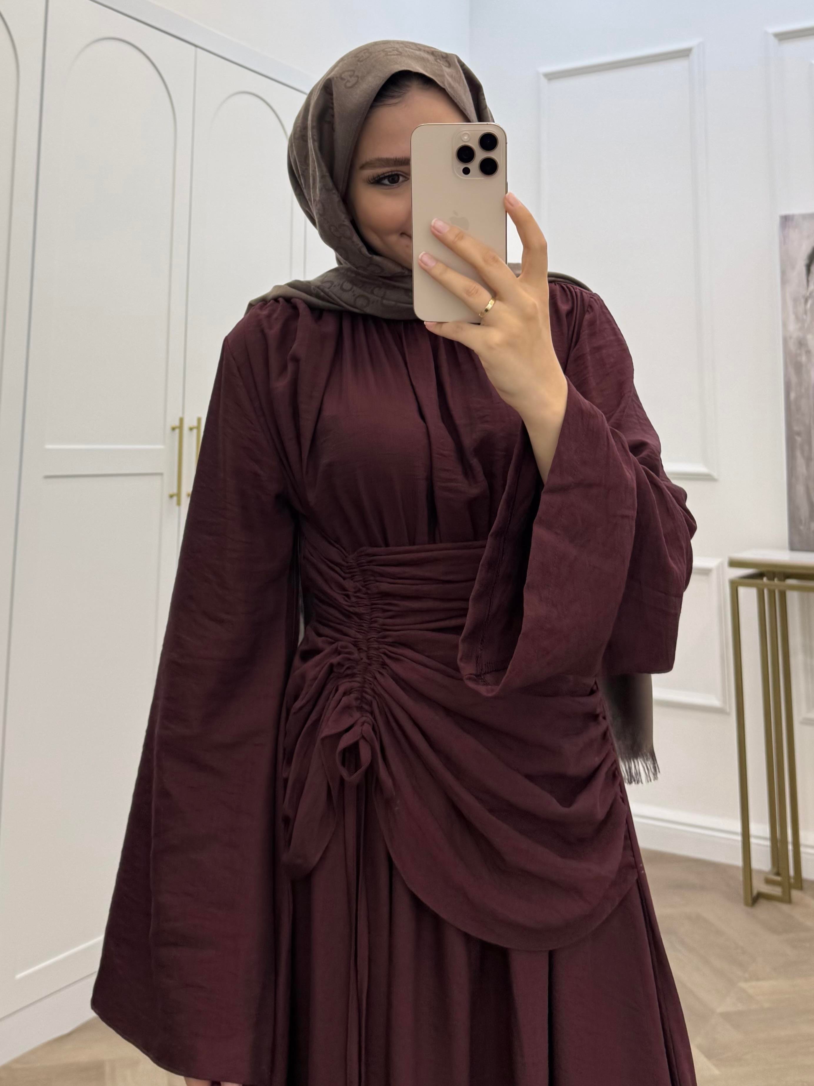 BÜZGÜLÜ KETEN ELBİSE BORDO