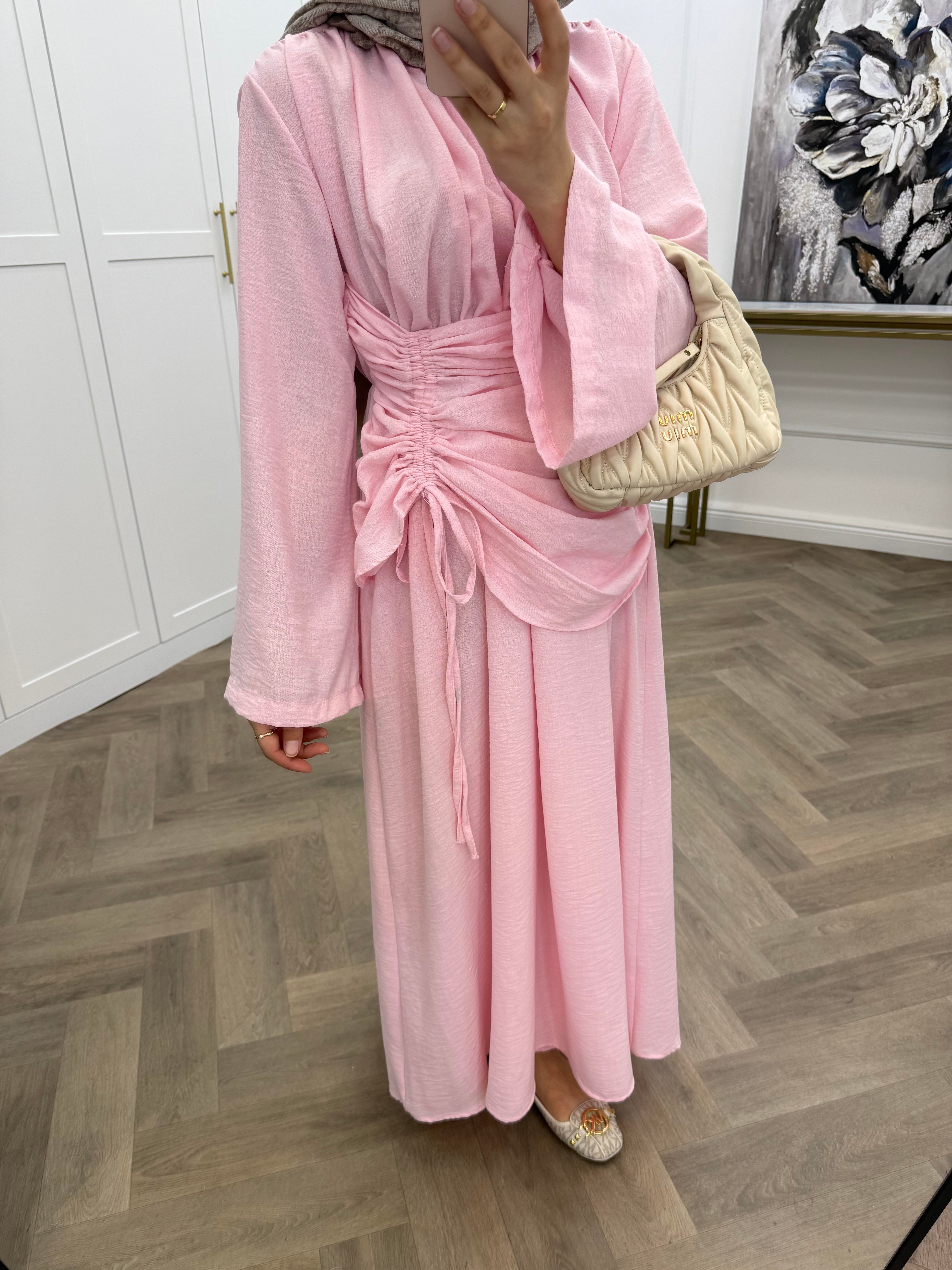 BÜZGÜLÜ KETEN ELBİSE PEMBE