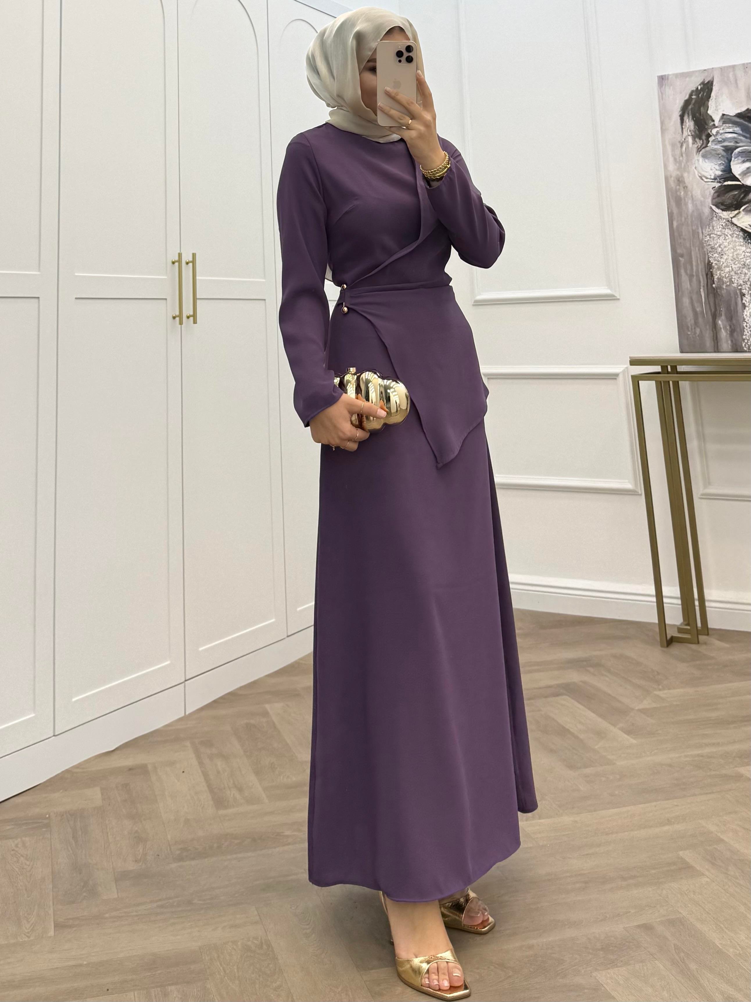 ÇAPRAZ GEÇİŞLİ KREP ELBİSE MOR