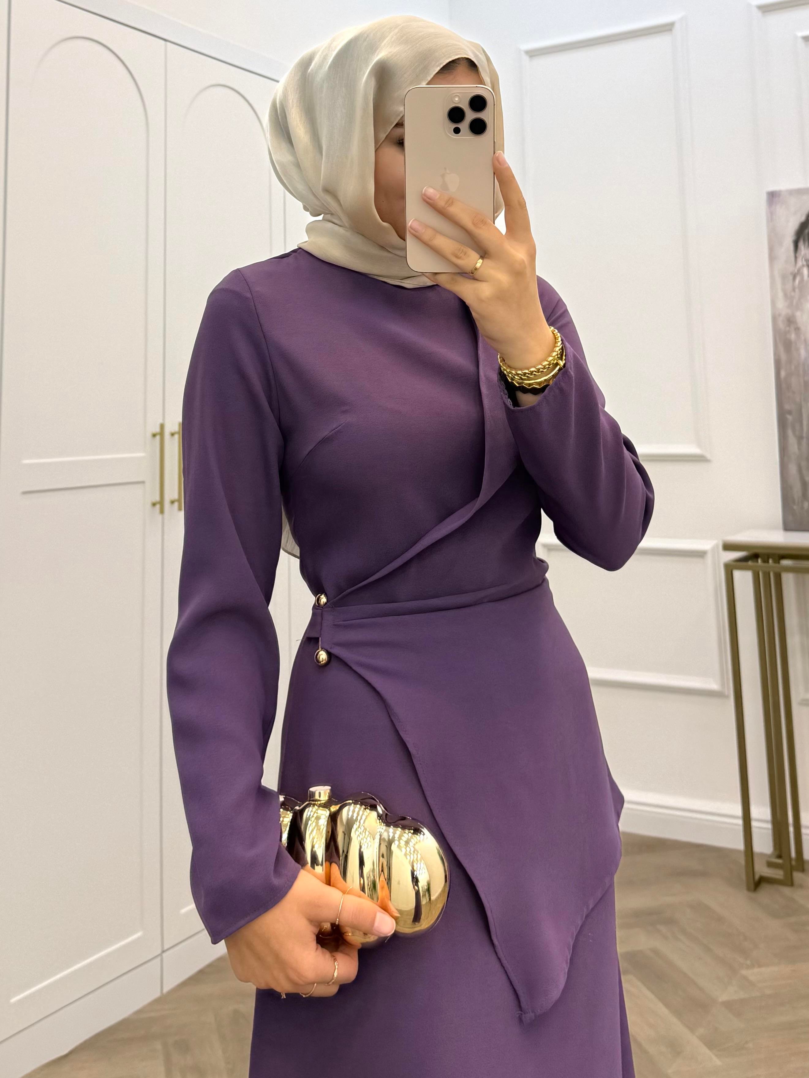 ÇAPRAZ GEÇİŞLİ KREP ELBİSE MOR