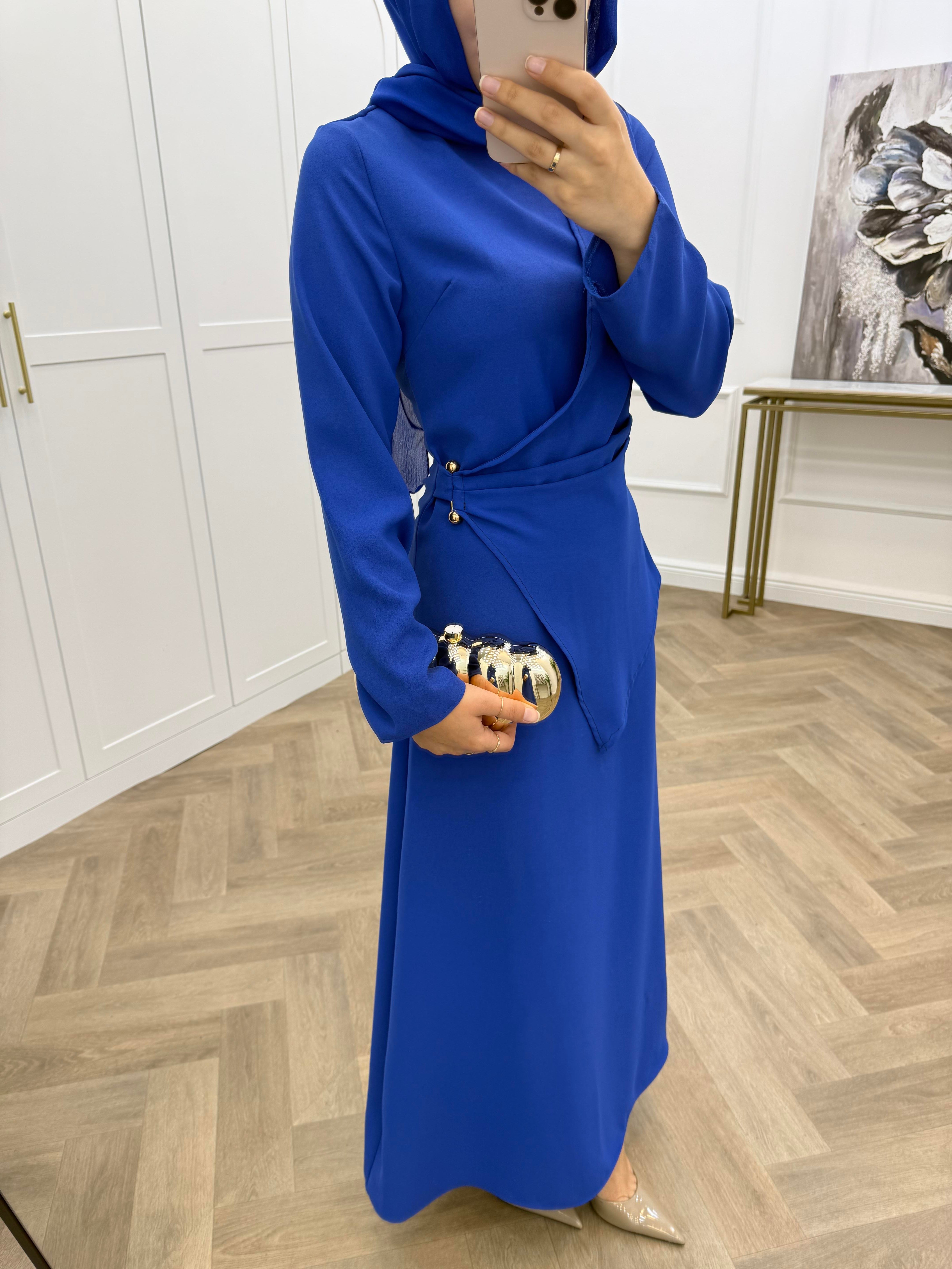 ÇAPRAZ GEÇİŞLİ KREP ELBİSE SAKS