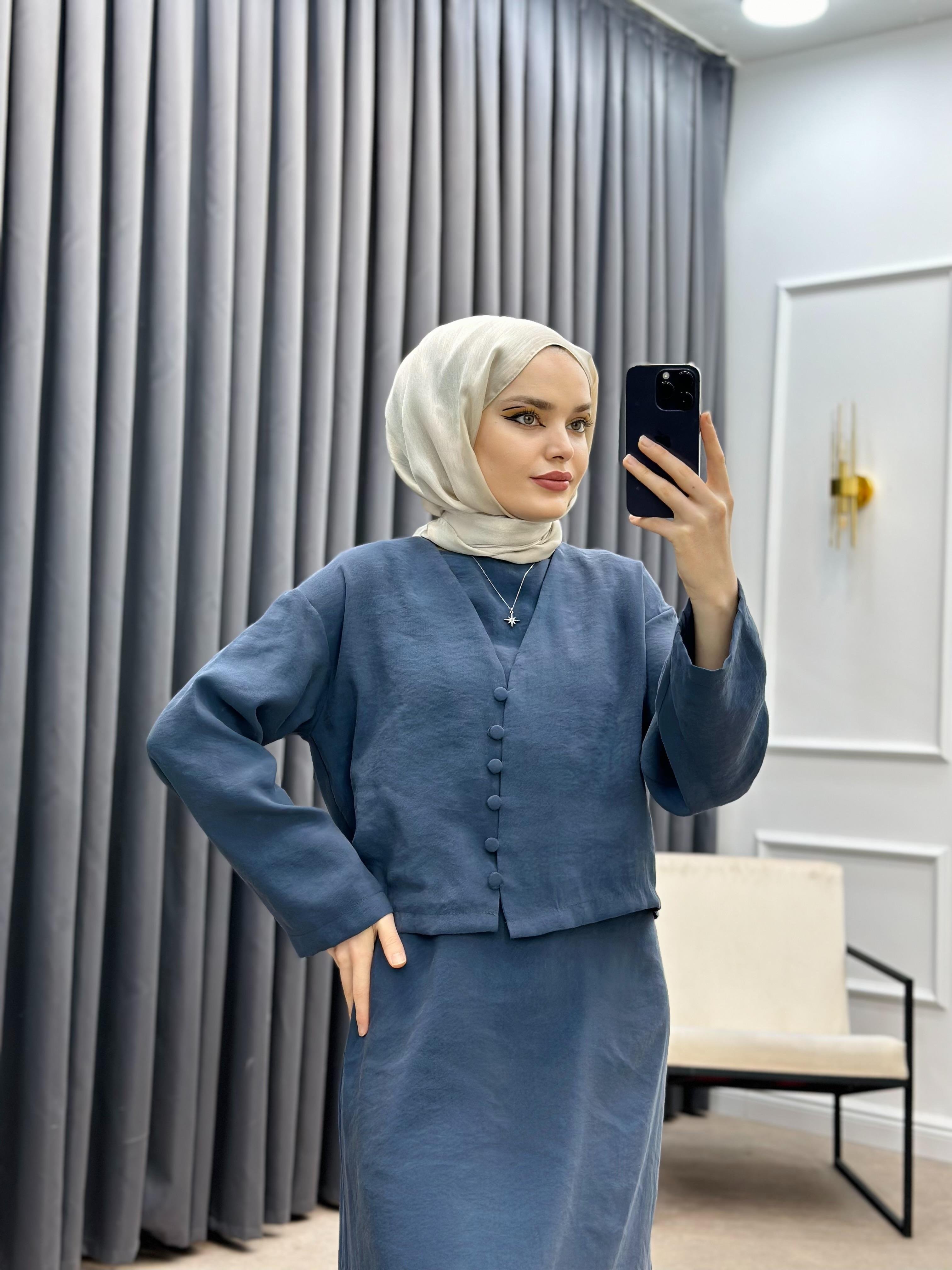 CEKET DETAY İKİLİ ELBİSE İNDİGO