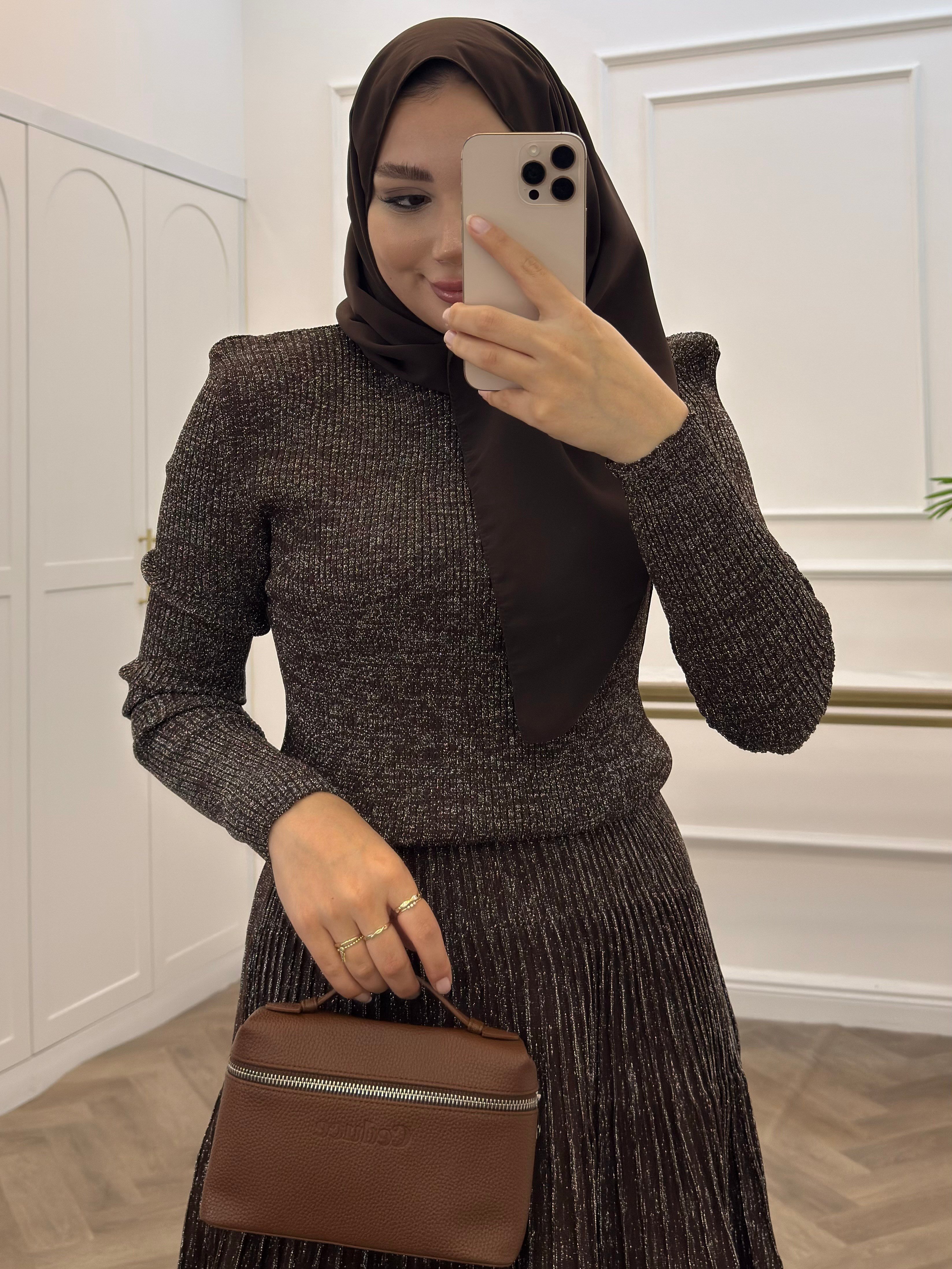 ÇELİK TRİKO SİMLİ ELBİSE KAHVE