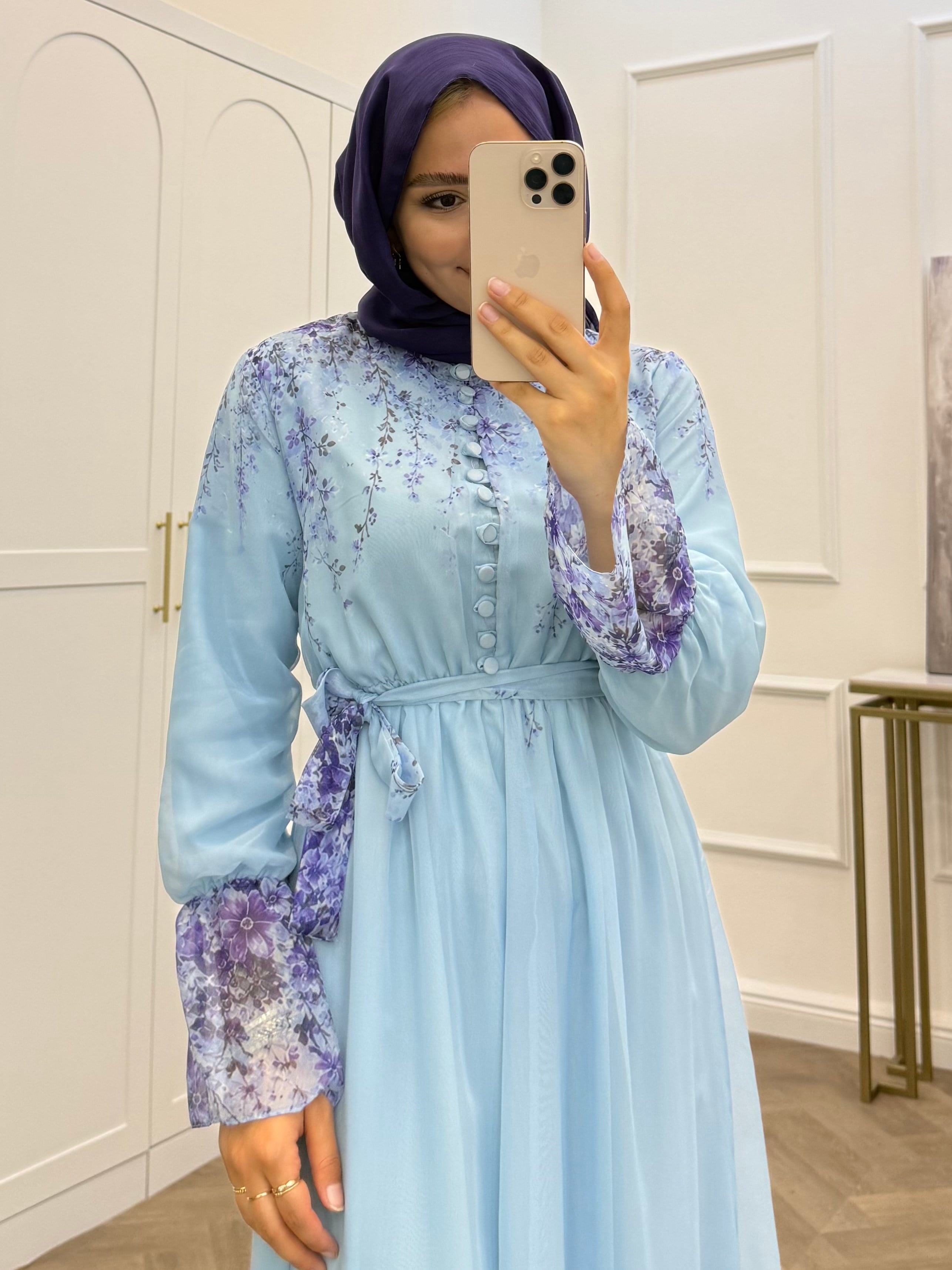 ÇİÇEK DESENLİ ŞİFON ELBİSE MAVİ