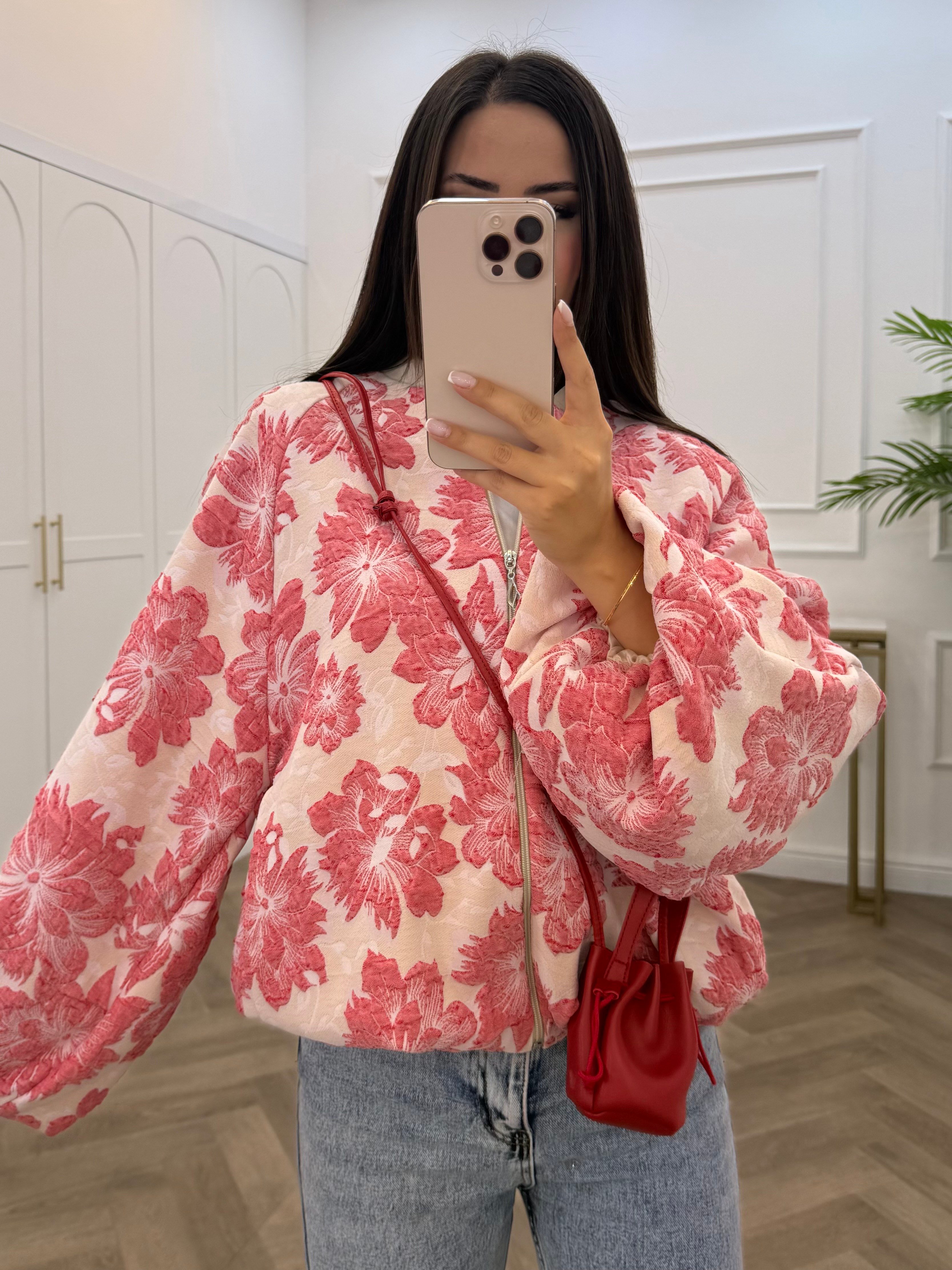 ÇİÇEKLİ BOMBER CEKET PEMBE