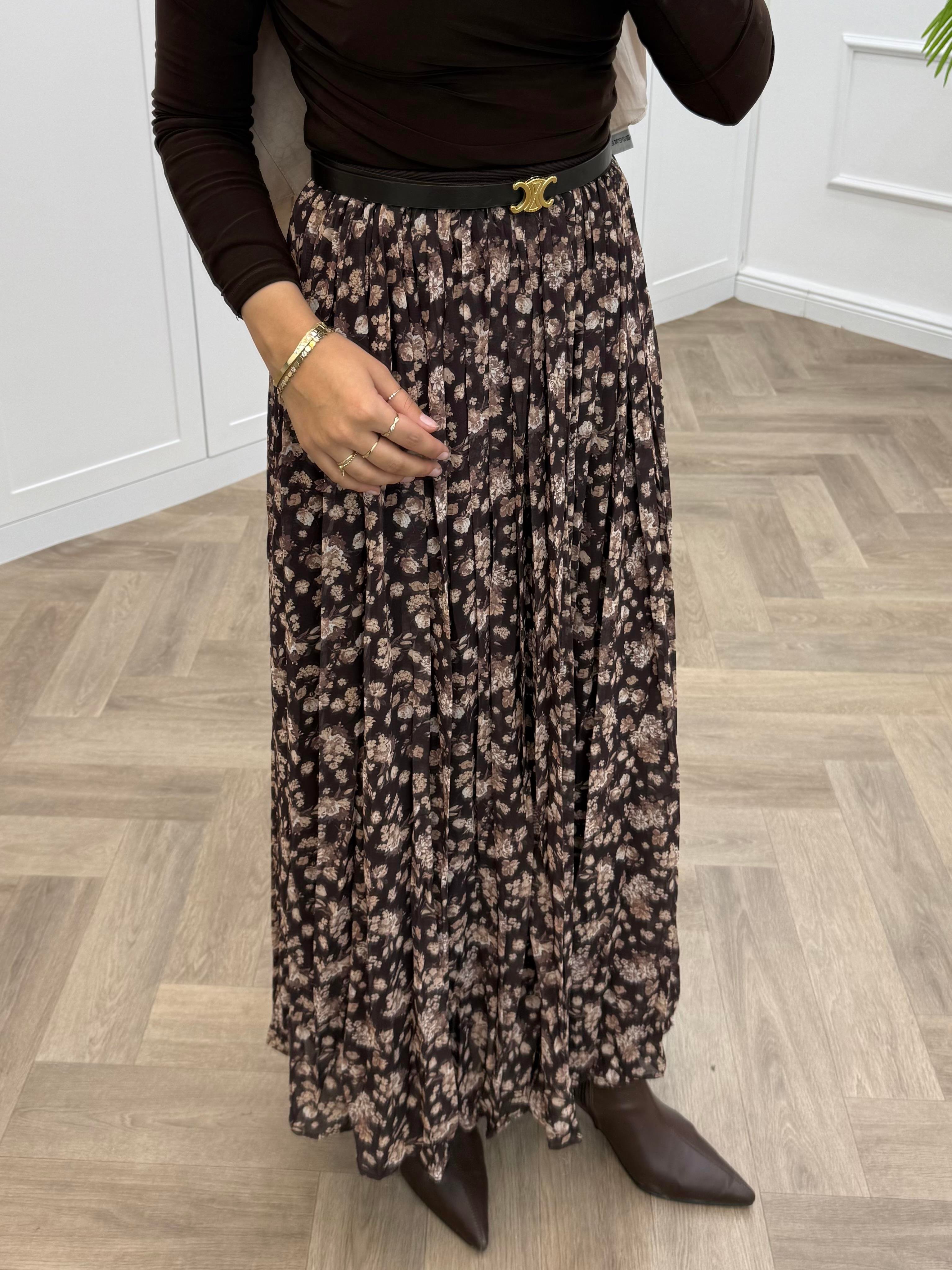 ÇİÇEKLİ ŞİFON ETEK KAHVE