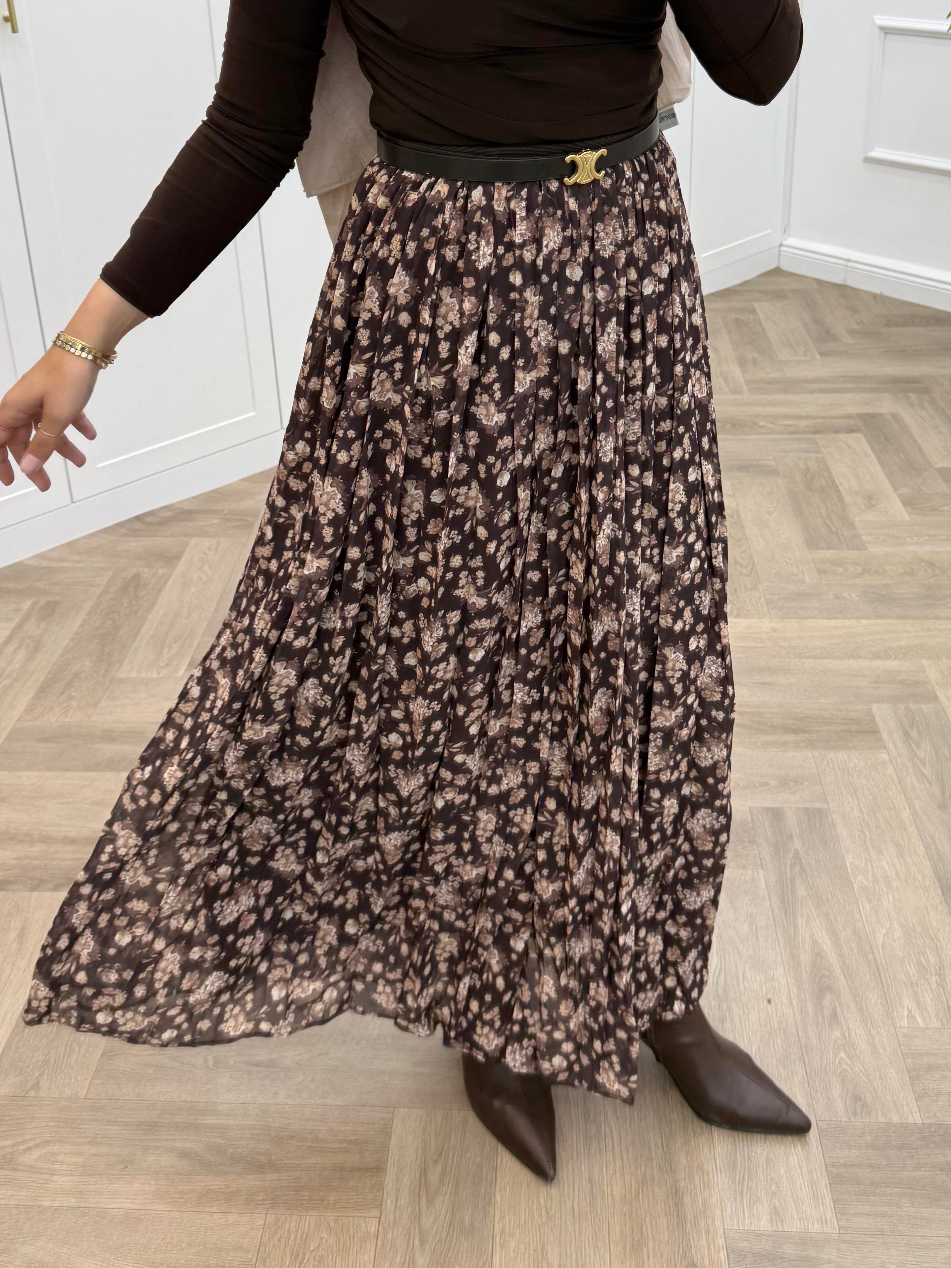 ÇİÇEKLİ ŞİFON ETEK KAHVE