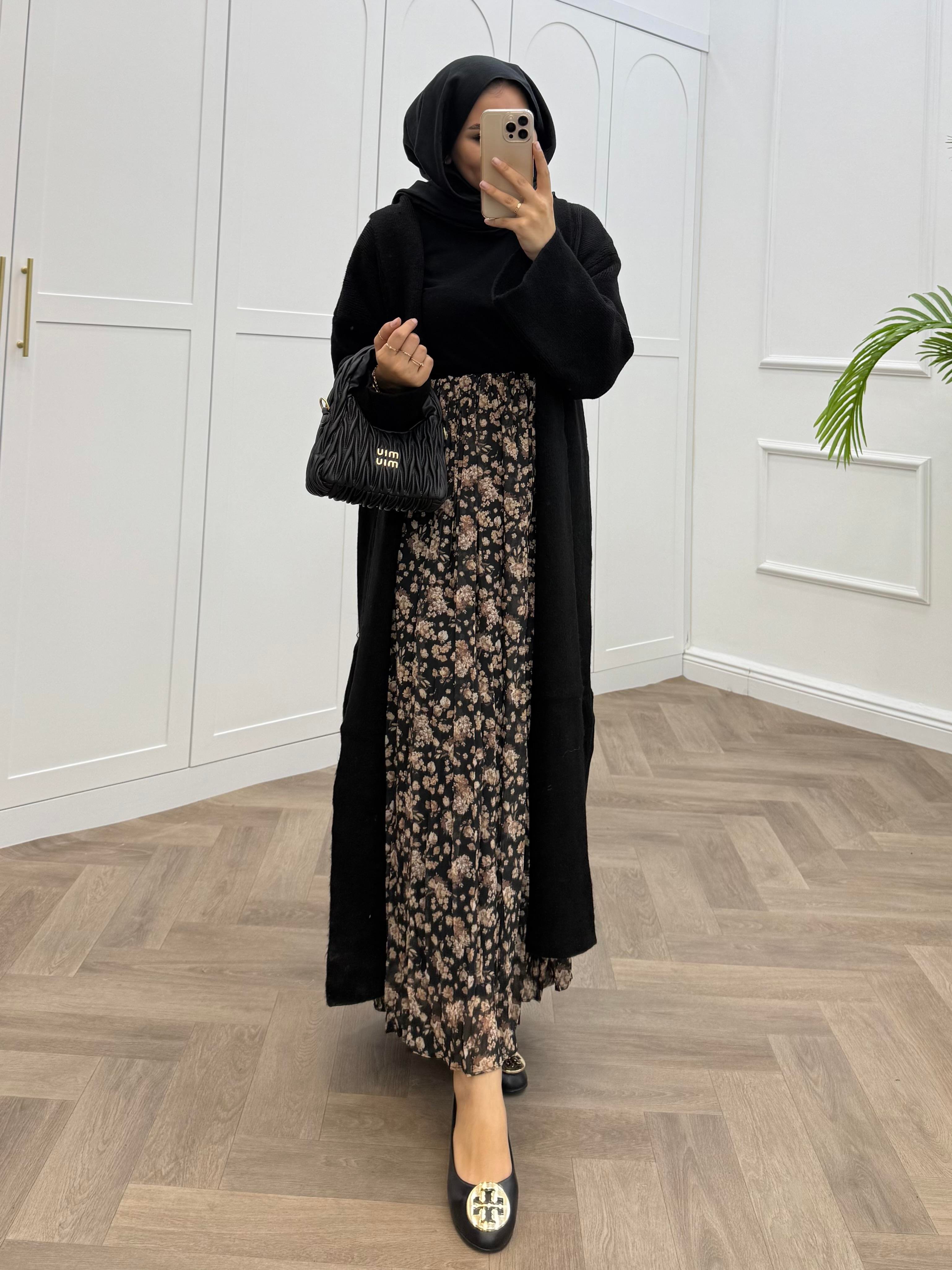 ÇİÇEKLİ ŞİFON ETEK SİYAH