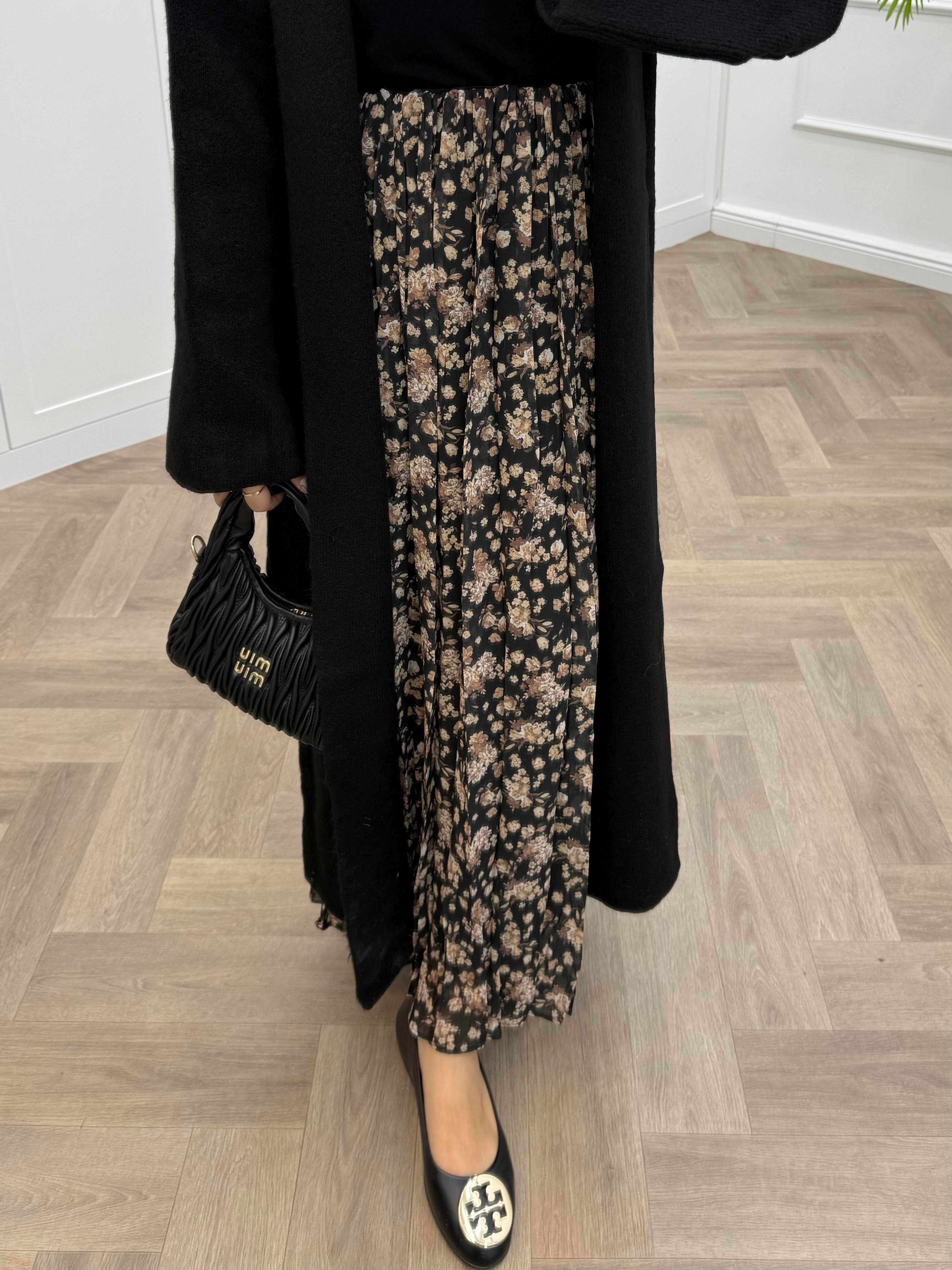 ÇİÇEKLİ ŞİFON ETEK SİYAH