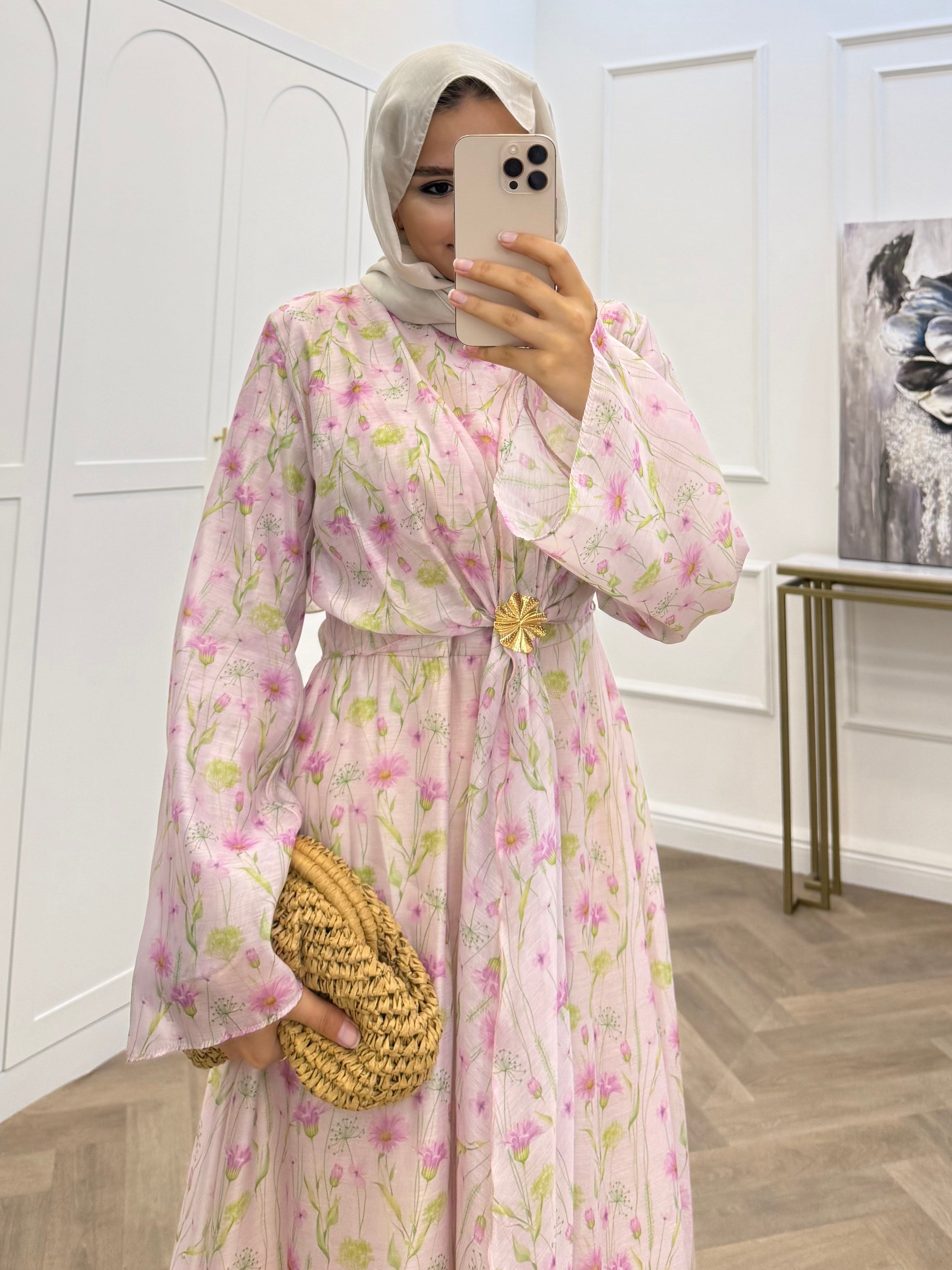 ÇİÇEKLİ VUAL ŞİFON ELBİSE PEMBE