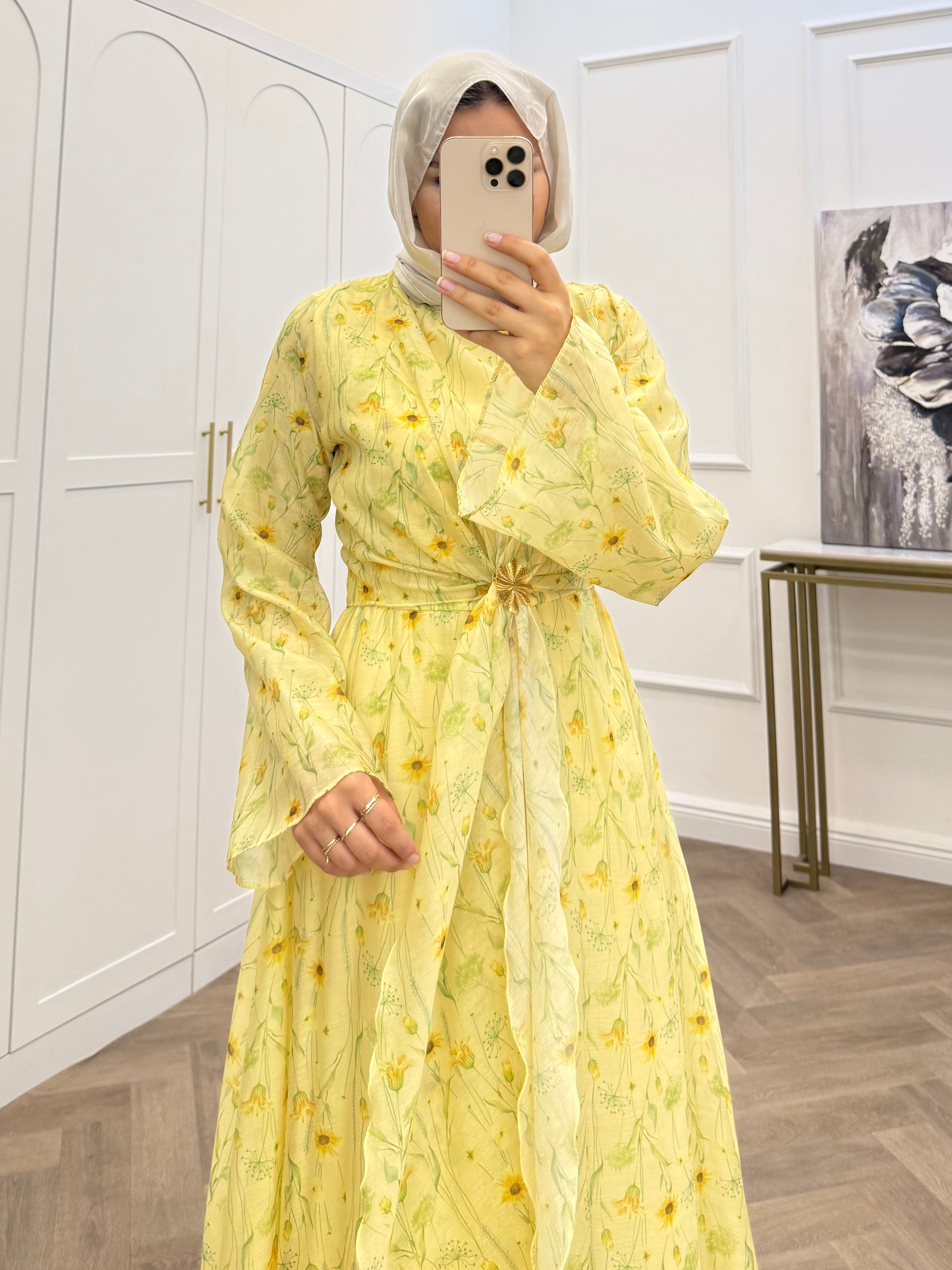 ÇİÇEKLİ VUAL ŞİFON ELBİSE SARI